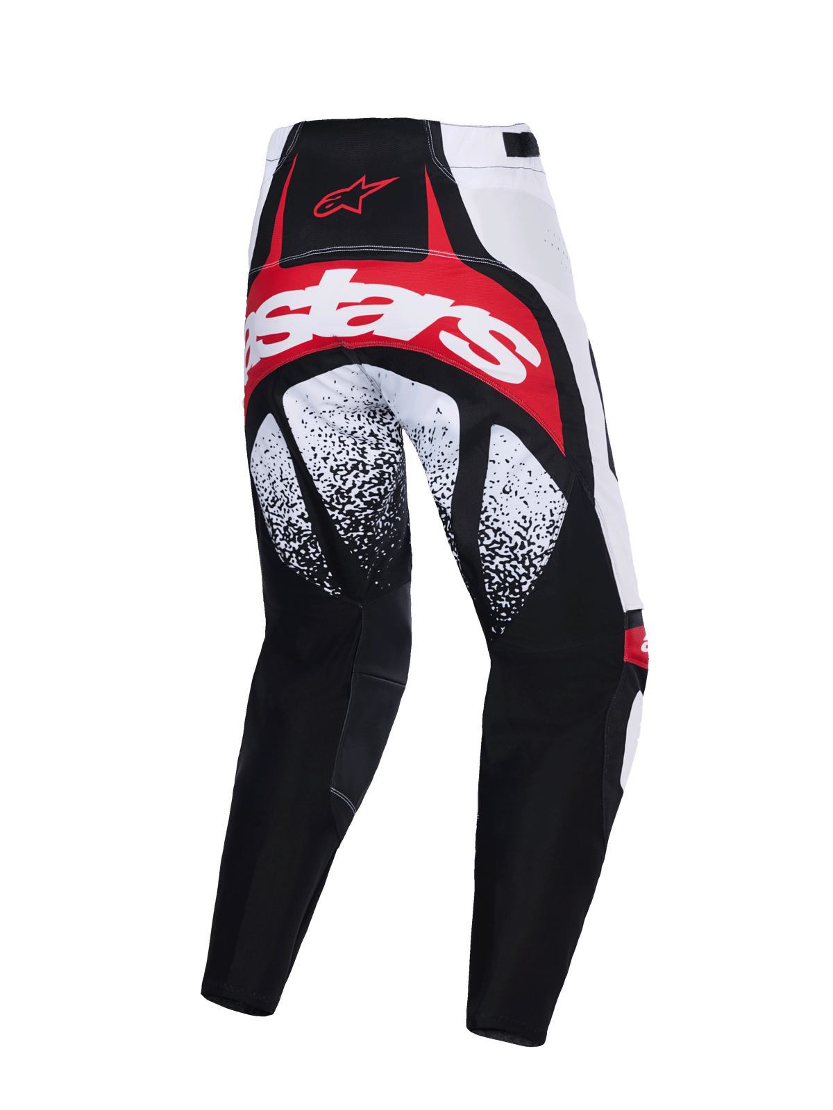 Alpinestars 2026 Techstar Nomur Pants, calças de motocross, pretas, brancas e vermelhas, vista traseira com marca em destaque a vermelho e branco na zona do assento, padrões salpicados a preto e branco nas coxas e construção de alto desempenho com múltiplos painéis.
