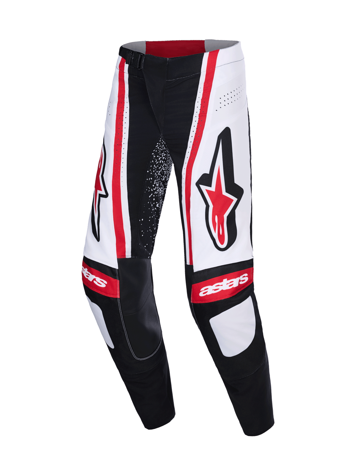 Calças Alpinestars 2026 Techstar Nomur, calças de motocross, pretas, brancas e vermelhas, com grandes logótipos Astars vermelhos nas coxas, painéis brancos com riscas verticais vermelhas e marca "astars" nos joelhos