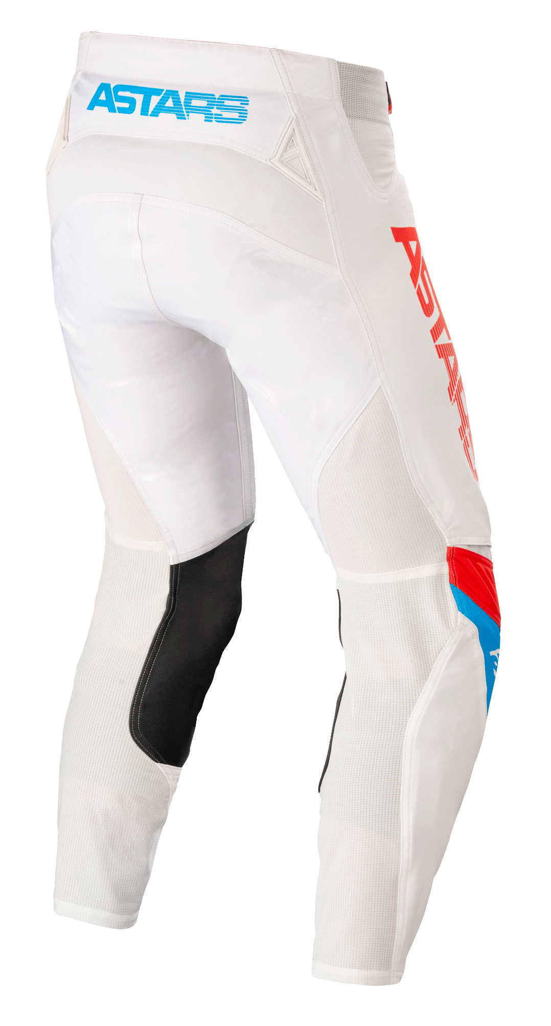 Alpinestars Techstar Quadro Pants, calças de motocross, branco sujo, azul e vermelho vibrante, vista traseira com logótipo 'ASTARS' azul claro na cintura, painéis de ventilação em malha, reforço interior da perna em pele preta e logótipo vermelho na lateral.