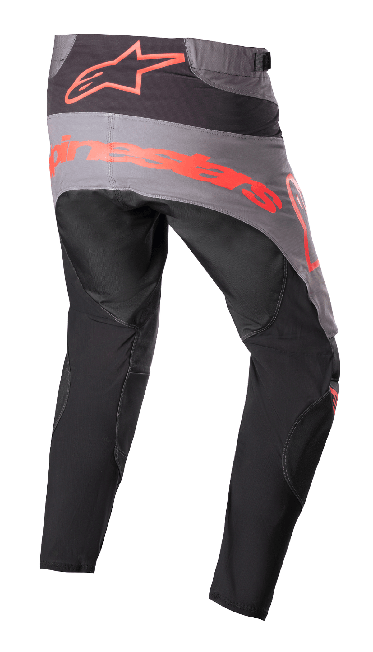 Alpinestars 2023 Techstar Sein Pants, calças de motocross, pretas e vermelho néon, vista traseira com painel de assento cinzento e logótipo grande em vermelho néon, pernas ergonómicas pré-curvadas e construção têxtil durável para desempenho todo-o-terreno