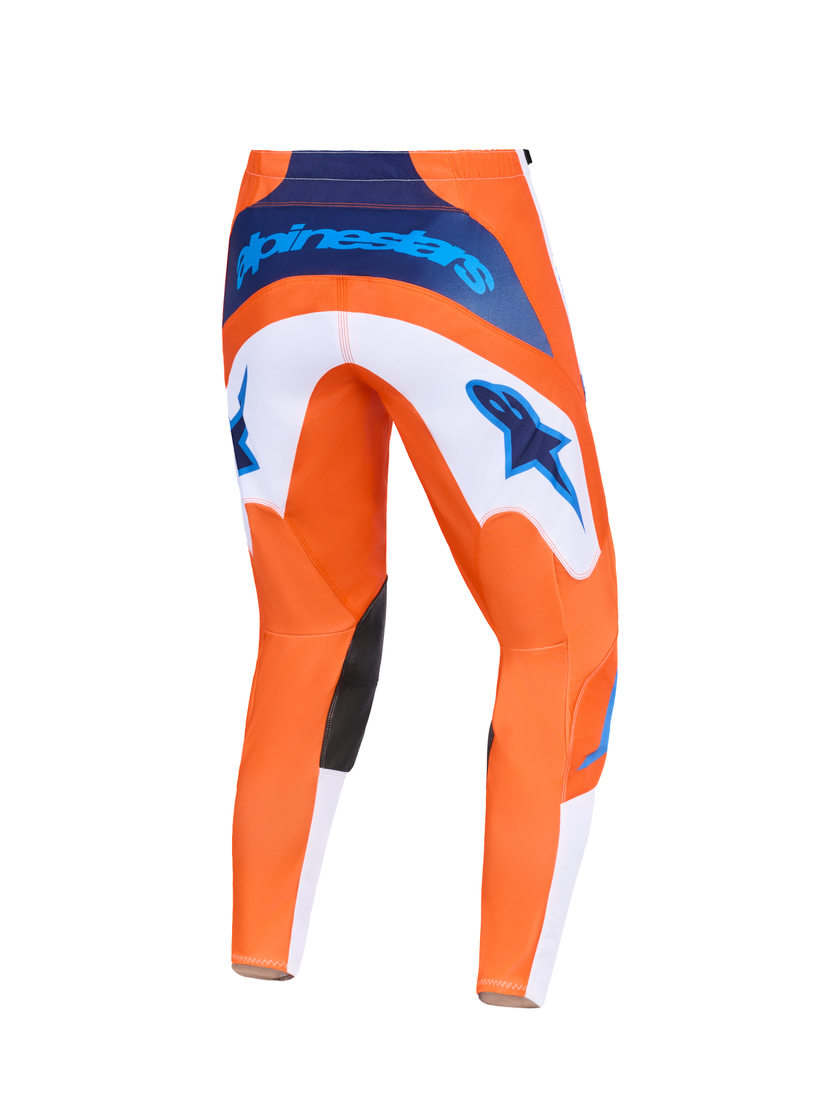Alpinestars 2026 Fluid Grid Pants, Motocross Pants, Orange and UCLA Blue, back view featuring white panels with blue star logos, navy blue waist branding, and black inner knee patches, durable design for off-road racing