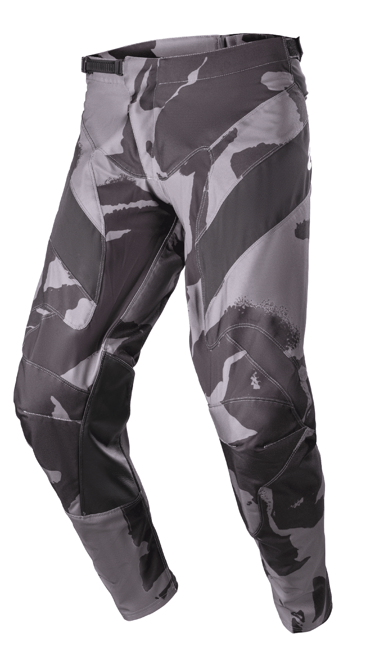 Alpinestars 2023 Racer Tactical Pants, calças de motocross e todo-o-terreno, em cinzento Iron Camo e preto, com reforços em couro no interior das pernas, ajuste de cintura por catraca e construção durável em poliéster 600D.