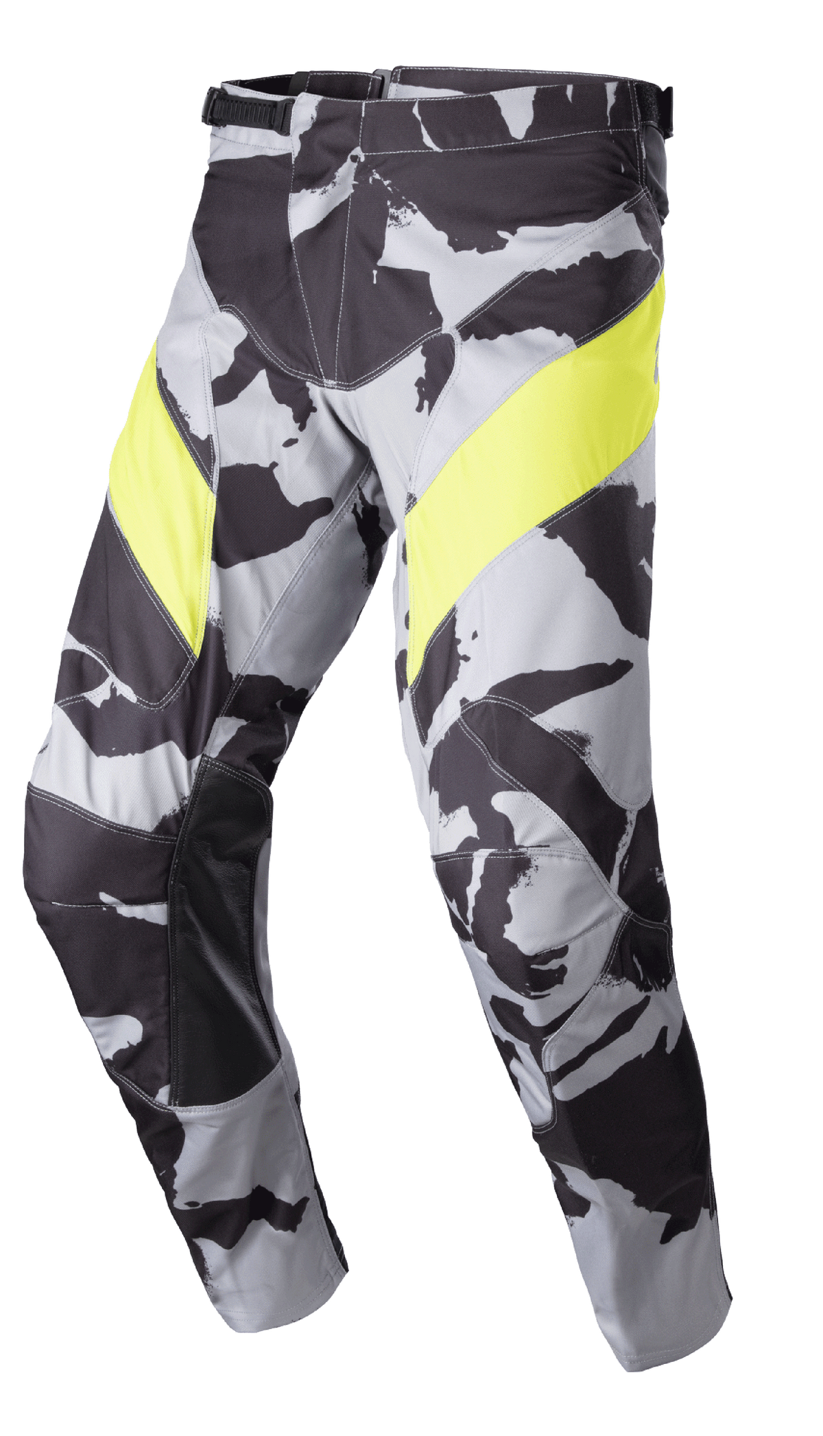 Alpinestars 2023 Racer Tactical Pants, calças de motocross, Cast Gray Camo e Amarelo Fluo, com padrão camuflado cinzento, painéis amarelos vibrantes nas coxas, reforços internos dos joelhos em pele preta e fecho de cintura por catraca para corridas todo-o-terreno