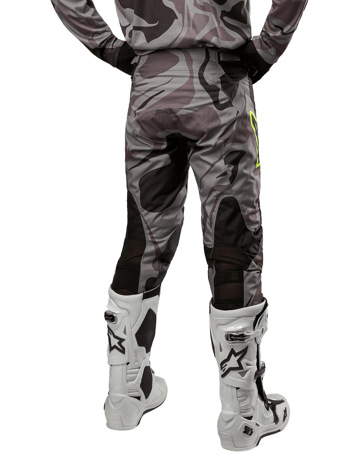 Alpinestars 2024 Racer Tactical Pants, Motocross Pants, Cast Gray Camo Magnet, rear view showing camouflage pattern and black breathable stretch zones, worn with white and black motocross boots, designed for off-road racing.