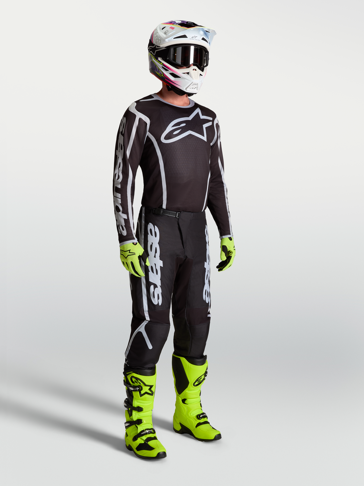Alpinestars Calças Fluid Apex V2, calças de motocross para homem, pretas e prateadas, equipamento sintético durável para condução off-road