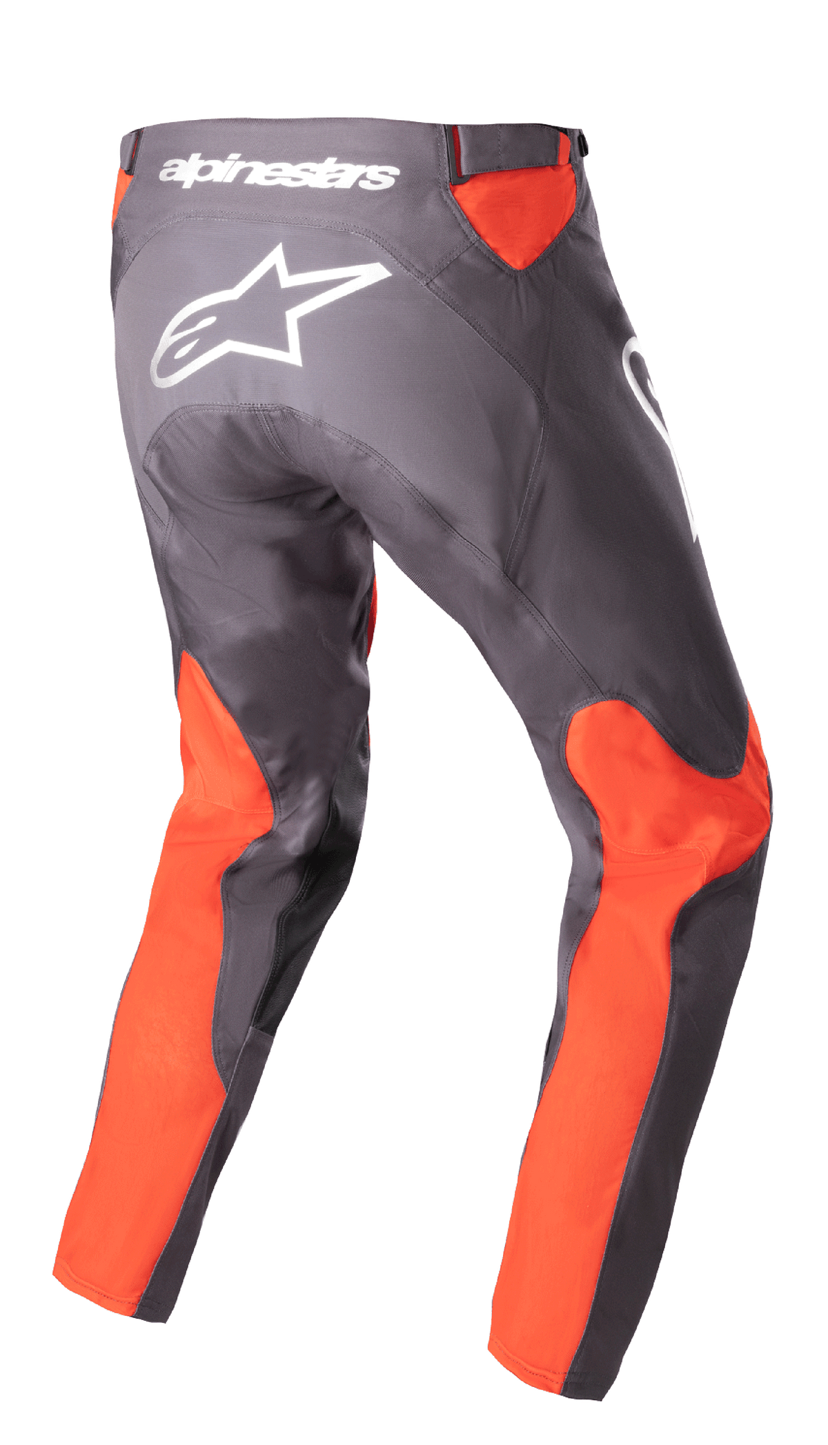 Alpinestars 2023 Racer Hoen Pants, calças de motocross, Magnet Hot Orange, vista traseira com logótipo e marca nominativa Alpinestars em branco, painéis em cor-de-laranja vibrante nas pernas e na cintura, construção durável em tecido poli 600D para todo-o-terreno