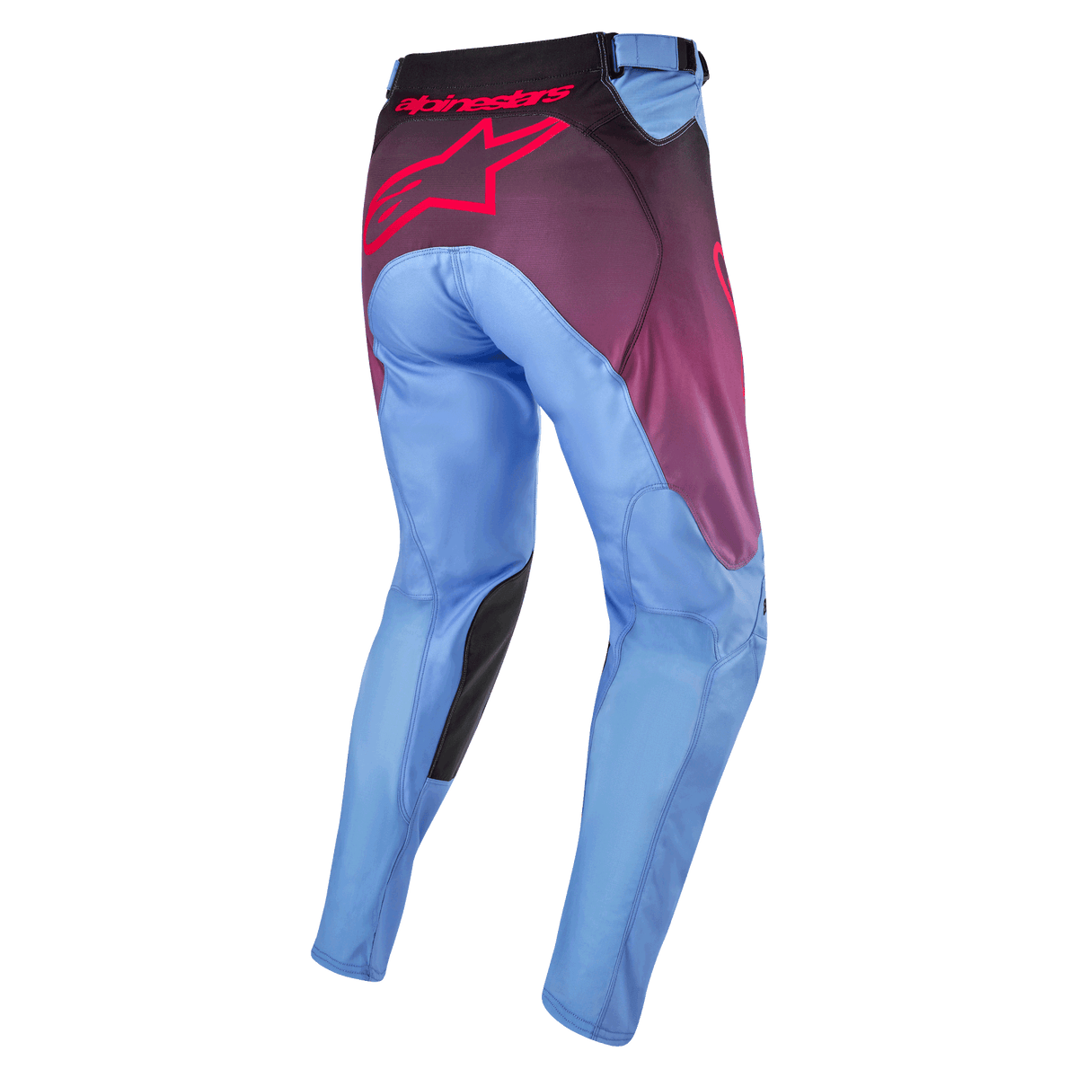 Alpinestars 2024 Racer Hoen Pants, calças de motocross, roxo Lavan e preto, vista traseira com pernas azul claro, logótipo Alpinestars cor-de-rosa grande no assento, painéis internos dos joelhos pretos e construção ergonómica pré-curvada para condução todo-o-terreno