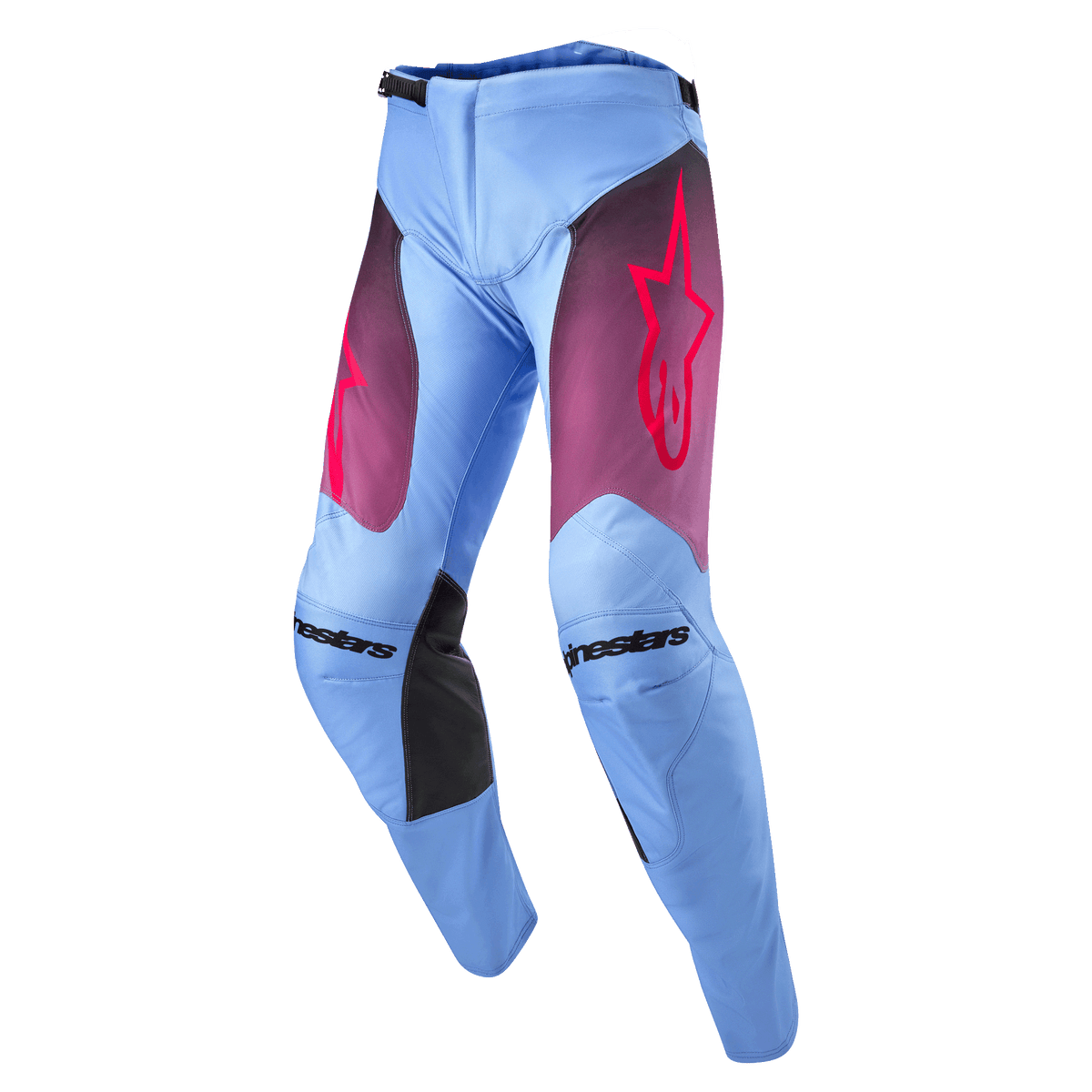 Alpinestars 2024 Racer Hoen Pants, calças de motocross, roxo Lavan e preto, estrutura azul lavanda claro com painéis das coxas em degradê roxo e logótipo de estrela rosa, painéis internos dos joelhos em preto, design ergonómico pré-curvado para desempenho em todo-o-terreno