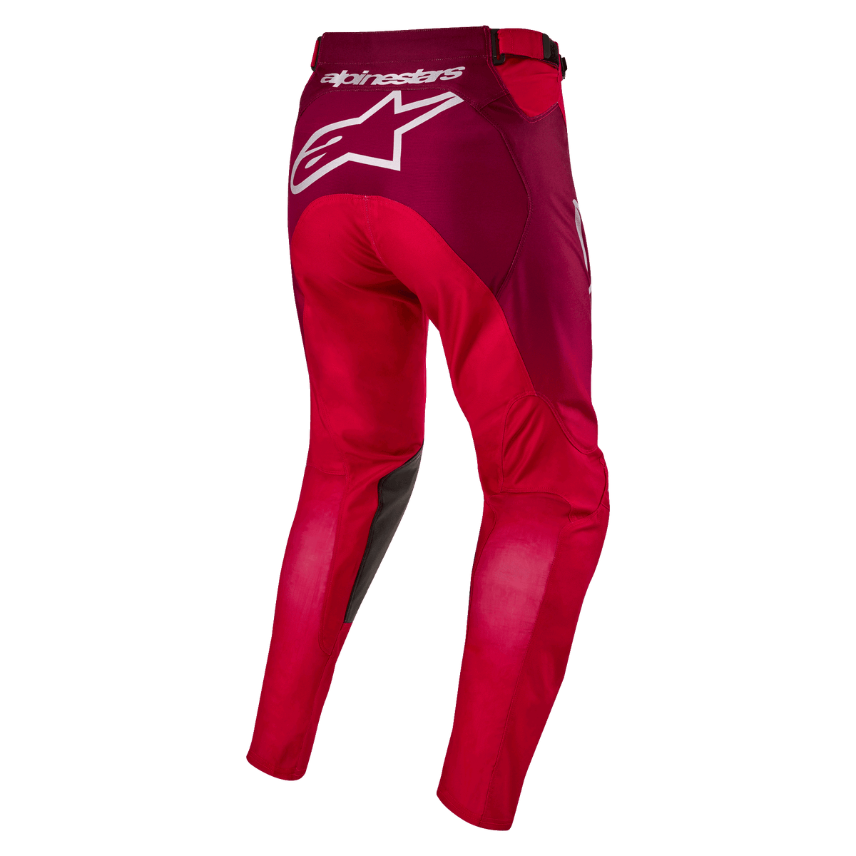 Alpinestars 2024 Racer Hoen Pants, calças de motocross, Vermelho Marte e Borgonha, vista traseira com grande logótipo Alpinestars branco no assento, construção de perna ergonómica pré-curvada, material têxtil durável para corridas todo-o-terreno