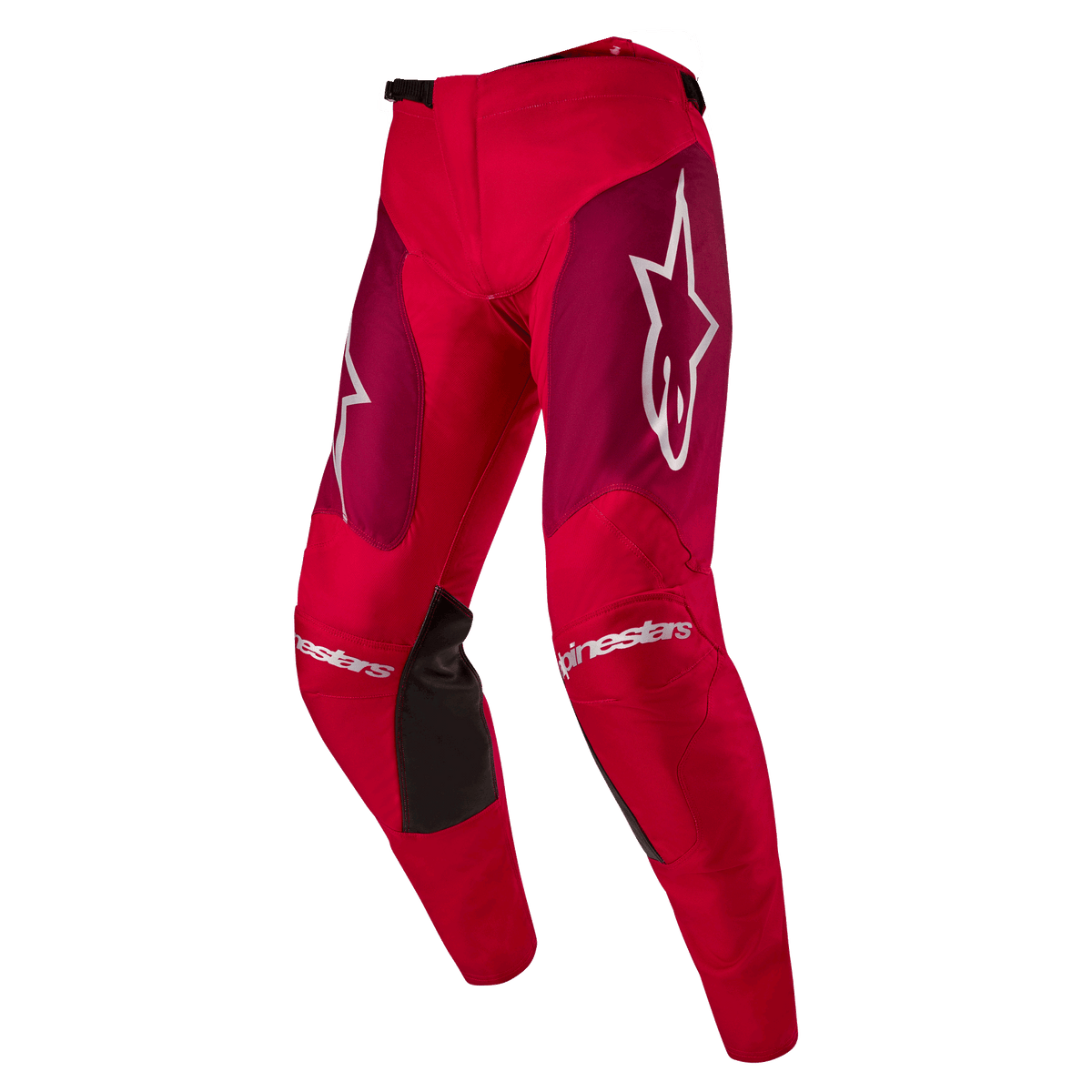 Alpinestars 2024 Racer Hoen Pants, calças de motocross, em vermelho e borgonha, com painéis de borgonha nas coxas e logótipo Alpinestars branco nos joelhos e ancas, painéis interiores de aderência pretos nos joelhos, design desportivo pré-curvado para performance todo-o-terreno