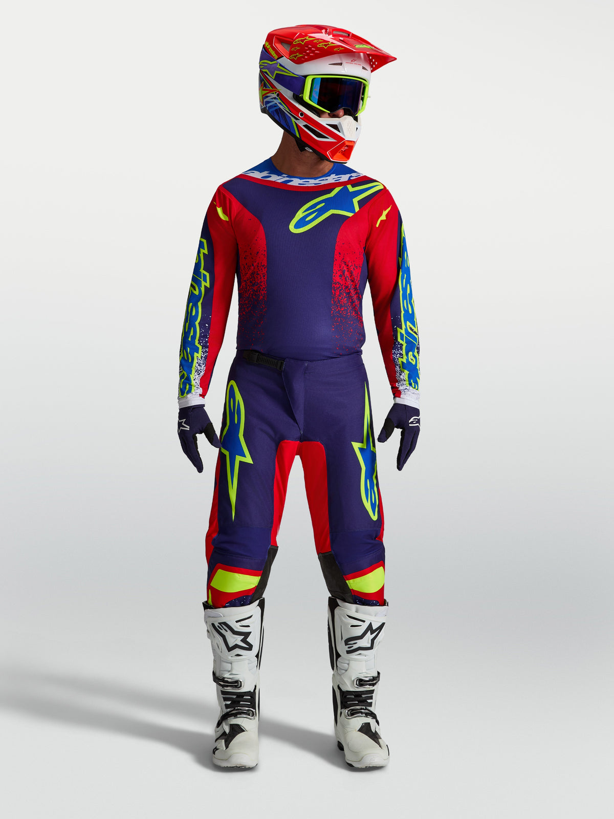 Alpinestars Calças Fluid Drag e 2027 Fluid Drag Gear Set, conjunto de motocross para homem, azul-marinho e vermelho.