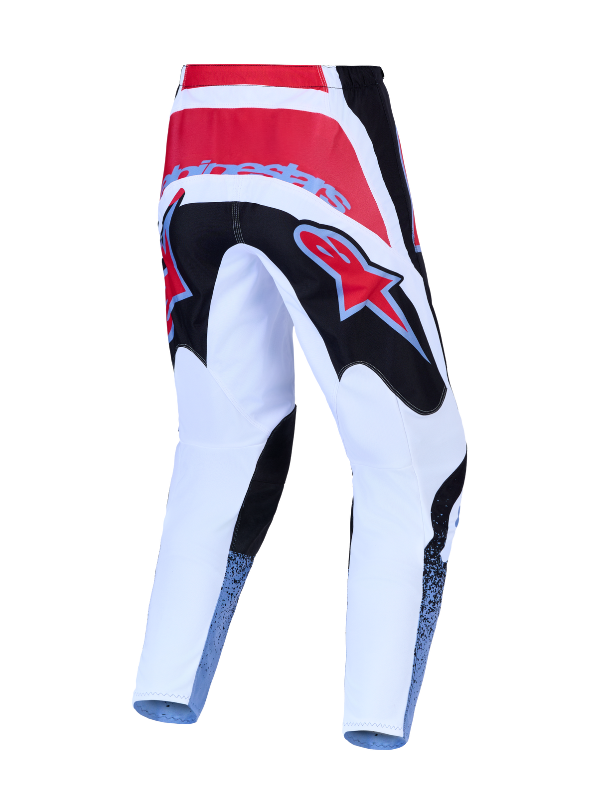 Alpinestars Fluid Drag, calças de motocross brancas e pretas com detalhes vermelhos, em polifabric 600D, vista traseira.