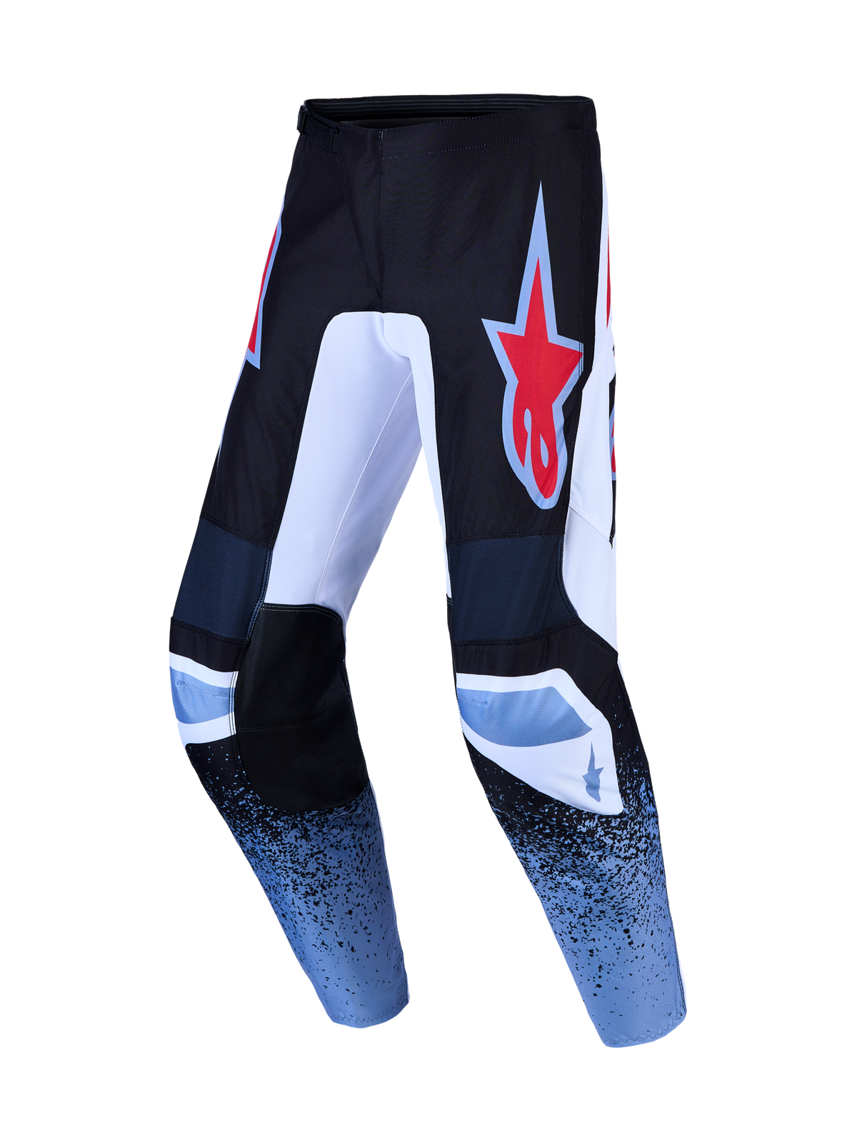 Alpinestars Calças Fluid Drag, calças de motocross para homem, pretas e azul claro com pormenores brancos, design pré-curvado em polifabric durável para todo-o-terreno.