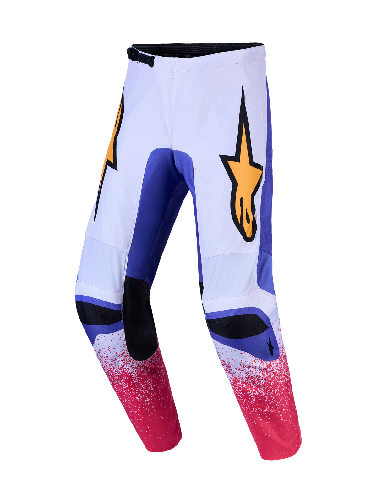 Alpinestars Fluid Drag Pants, white and blue motocross pants with pink speckled graphics and yellow star logo.