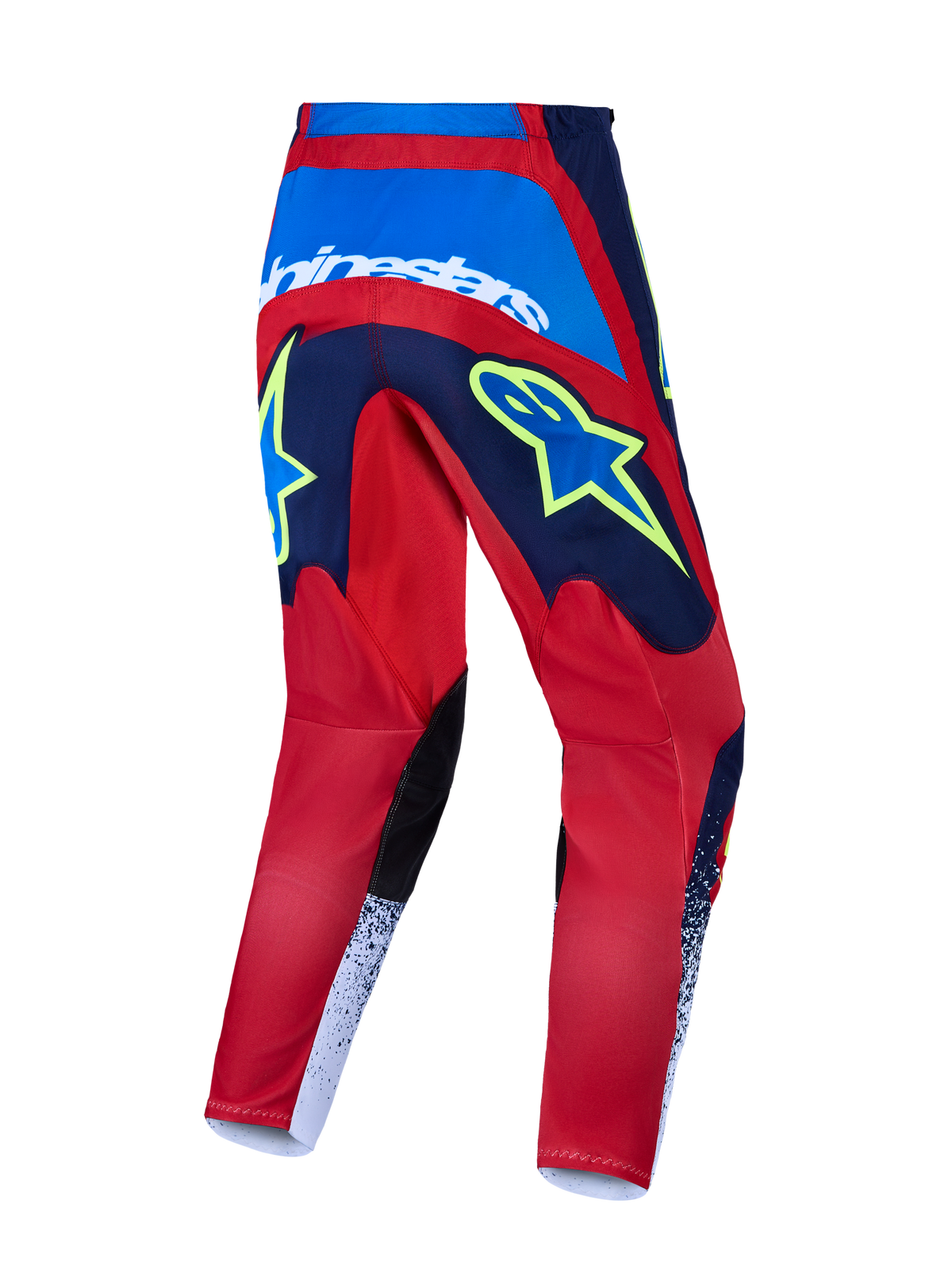 Calças Alpinestars Fluid Drag, motocross para homem, azul-marinho e vermelho com detalhes brancos e amarelos, vista traseira.