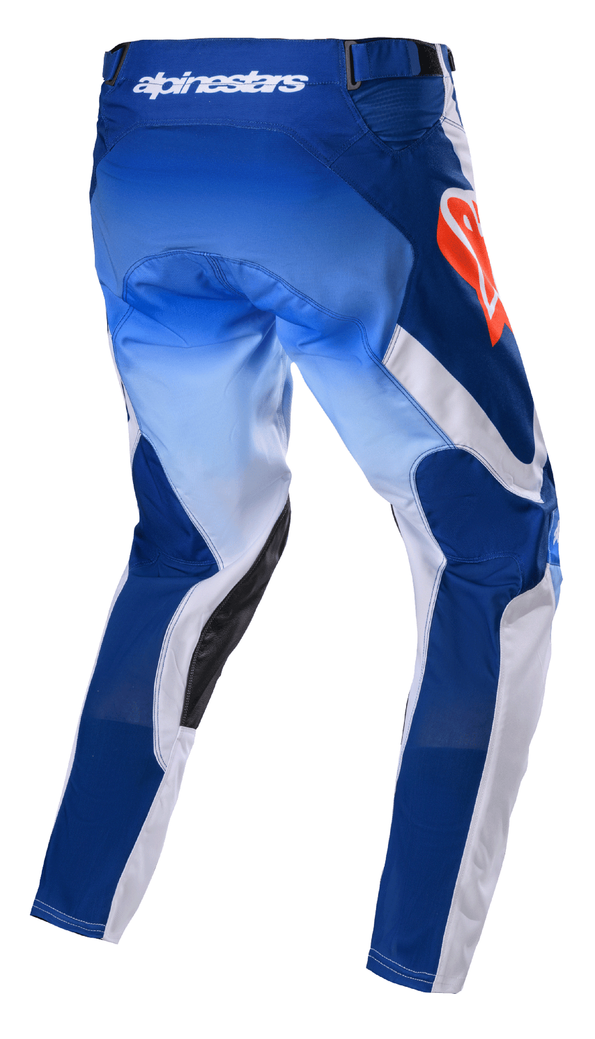 Alpinestars 2023 Racer Semi Pants, calças de motocross, azul e laranja vibrante, vista traseira com painéis em azul gradiente e branco, logótipo Alpinestars em laranja na anca, reforços internos em pele preta, design técnico para condução todo-o-terreno