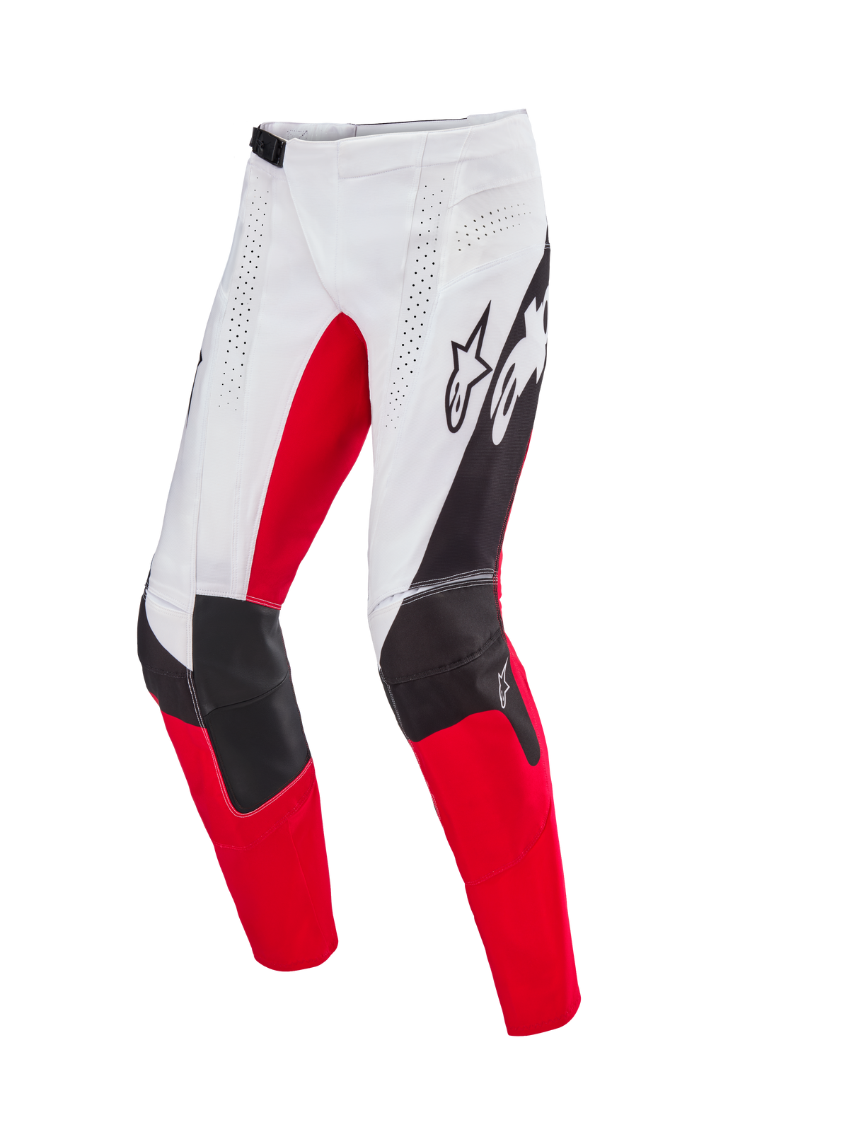 Alpinestars Calças Techstar Deep Edição Limitada, calças de motocross, branco, preto e vermelho vivo, com ventilação perfurada a laser, construção de joelho 3D Babel com painéis reforçados e logótipo Alpinestars em destaque nas coxas, para performance profissional de todo-o-terreno