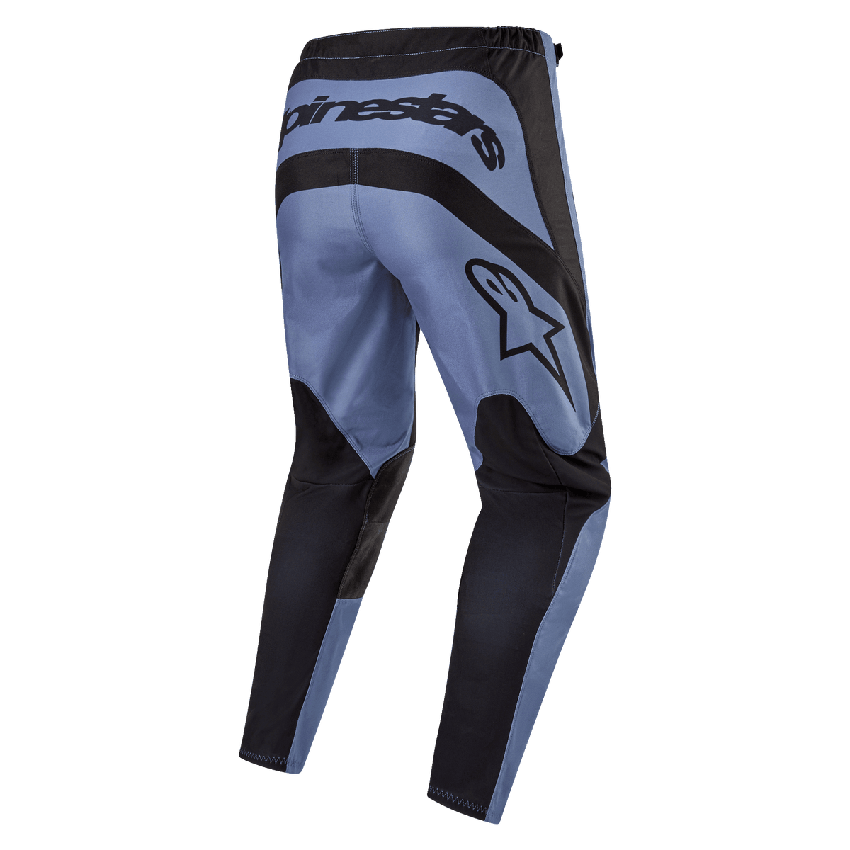 Alpinestars 2024 Fluid Lurv Pants, calças de motocross, azul claro e preto, vista traseira que mostra a marca Alpinestars em destaque na parte de trás e lateral, painéis reforçados pretos no assento e na parte interna das pernas, design ergonómico pré-curvado para desempenho em todo-o-terreno