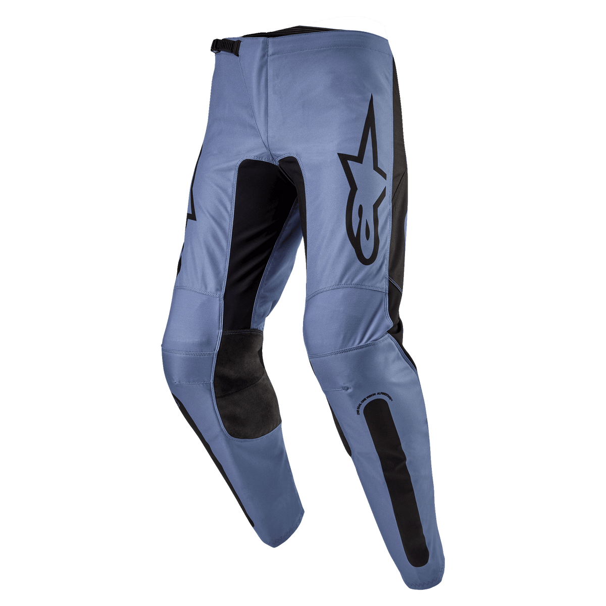 Alpinestars 2024 Fluid Lurv Pants, calças de motocross, azul claro e preto, com um grande logótipo Alpinestars preto na coxa, painéis internos reforçados nos joelhos e design de perna pré-curvada ergonómica para condução todo-o-terreno