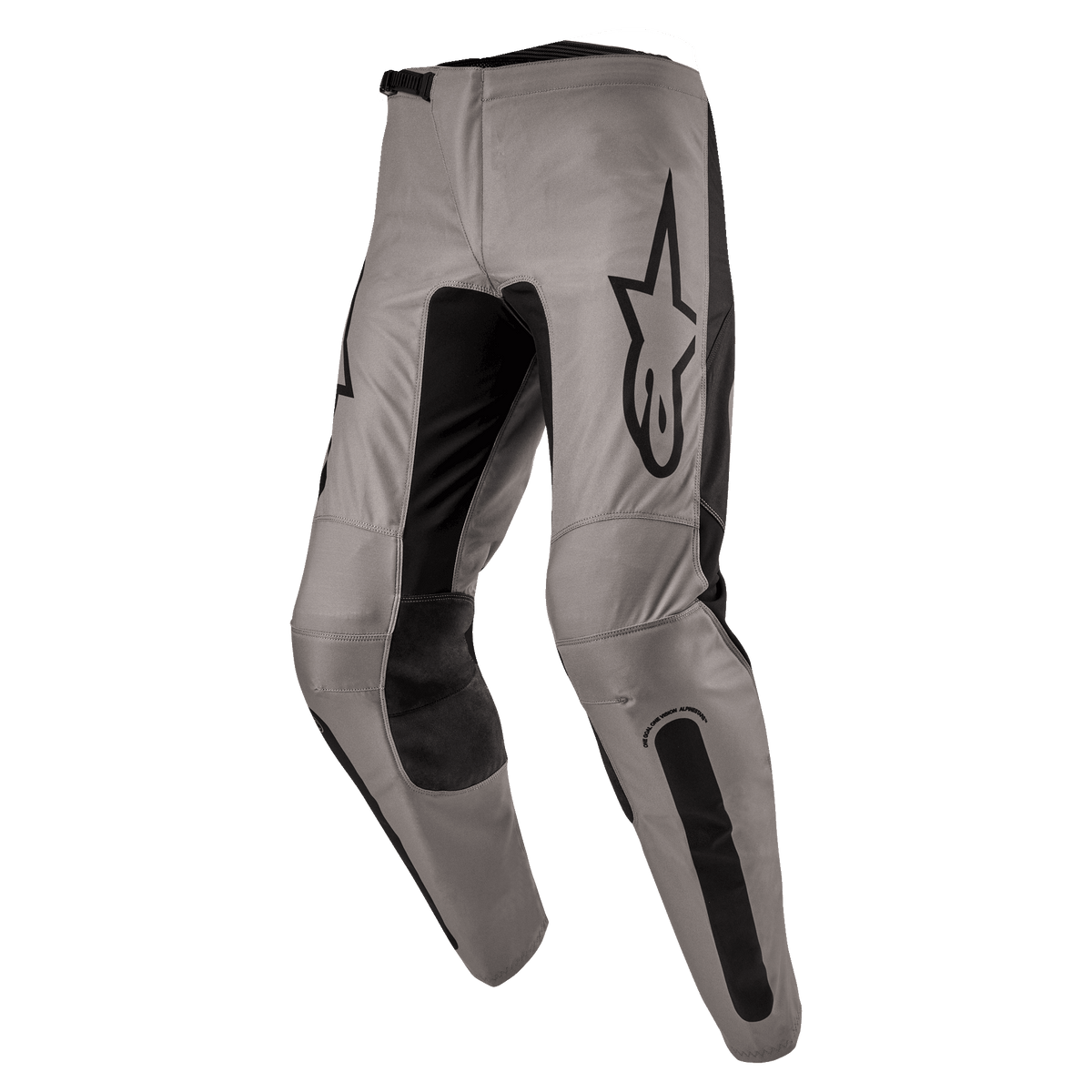 Alpinestars 2024 Fluid Lurv Pants, calças de motocross, Mud Black, com um chassis principal bege acinzentado e painéis elásticos pretos no interior das pernas e joelhos, logótipo Alpinestars preto proeminente na coxa, design ergonómico pré-curvado para condução off-road