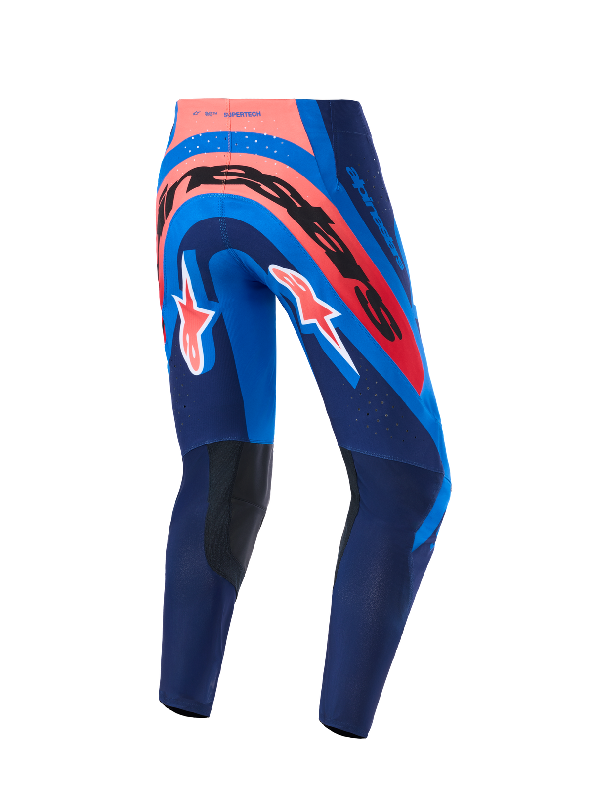 Calças Alpinestars Supertech Vista 2026, calças de motocross, Dark Navy, Hot Coral e Cobalt, vista traseira com marca arrojada no assento e logótipos A-star nas pernas, apresentando painéis internos reforçados escuros nos joelhos e perfurações cortadas a laser para ventilação