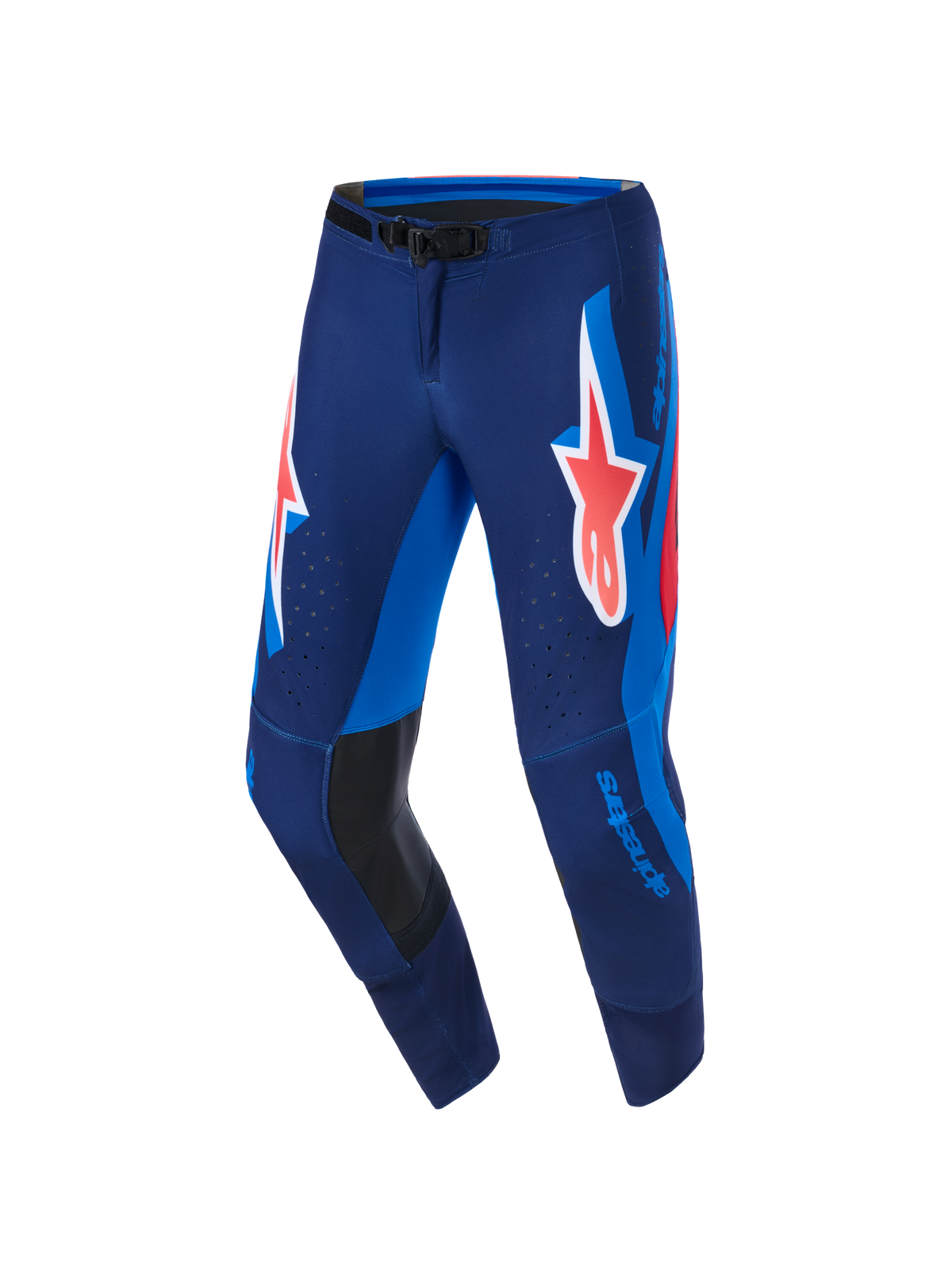 Alpinestars 2026 Supertech Vista Pants, calças de motocross, azul-marinho escuro, coral vivo e azul cobalto, com logótipo Astars coral grande nas coxas, painéis laterais em azul brilhante, reforços internos nos joelhos em pele preta e perfurações a laser para ventilação, concebidas para alta performance.
