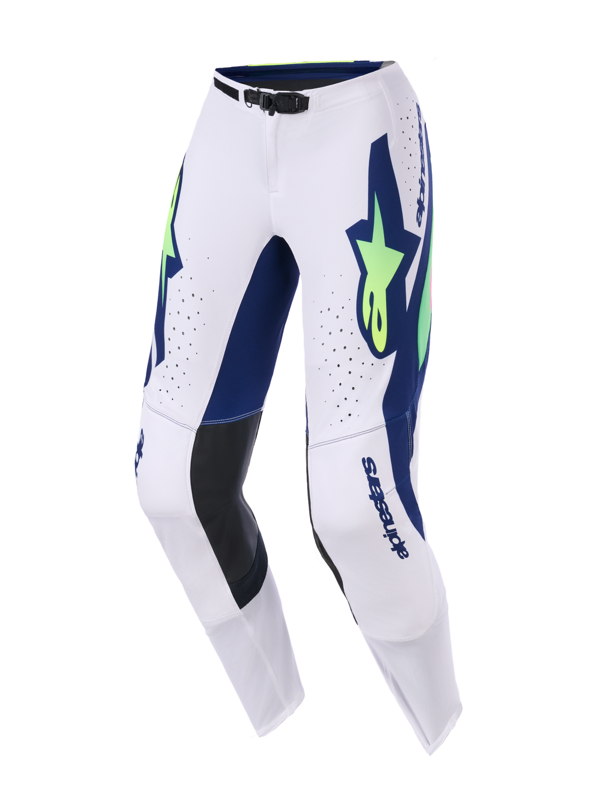 Alpinestars 2026 Supertech Vista Pants, calças de motocross, cinzento claro, amarelo néon e azul, com logótipos azuis e amarelo fluorescente, perfurações a laser para ventilação, painéis de couro preto nos joelhos e fivela magnética na cintura.