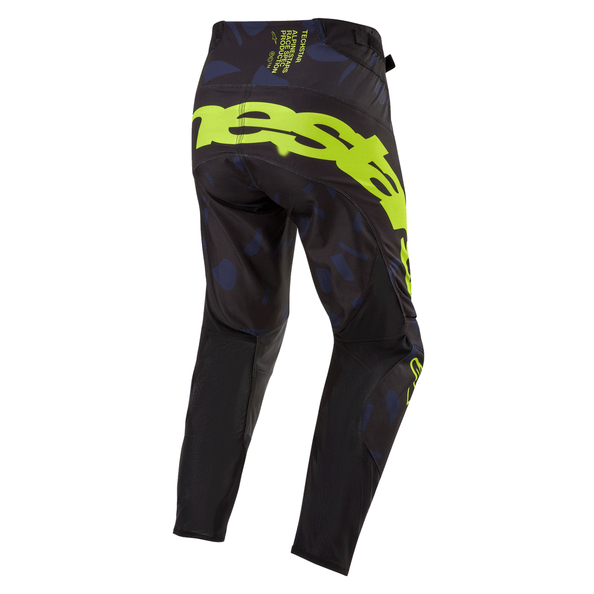 Alpinestars 2024 Techstar Rantera Pants, calças de motocross, pretas, azul-marinho e amarelo fluorescente, vista traseira com marca amarela fluorescente no assento, painéis com padrão azul-marinho e tecido técnico preto para desempenho em corridas todo-o-terreno