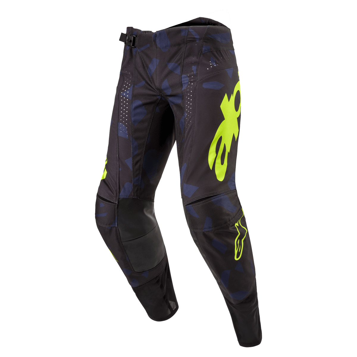 Alpinestars 2024 Techstar Rantera Pants, calças de motocross, em preto, azul-marinho e amarelo néon, com logótipo amarelo proeminente, perfurações cortadas a laser para ventilação e painéis reforçados nos joelhos, design inspirado na competição para performance em motocross
