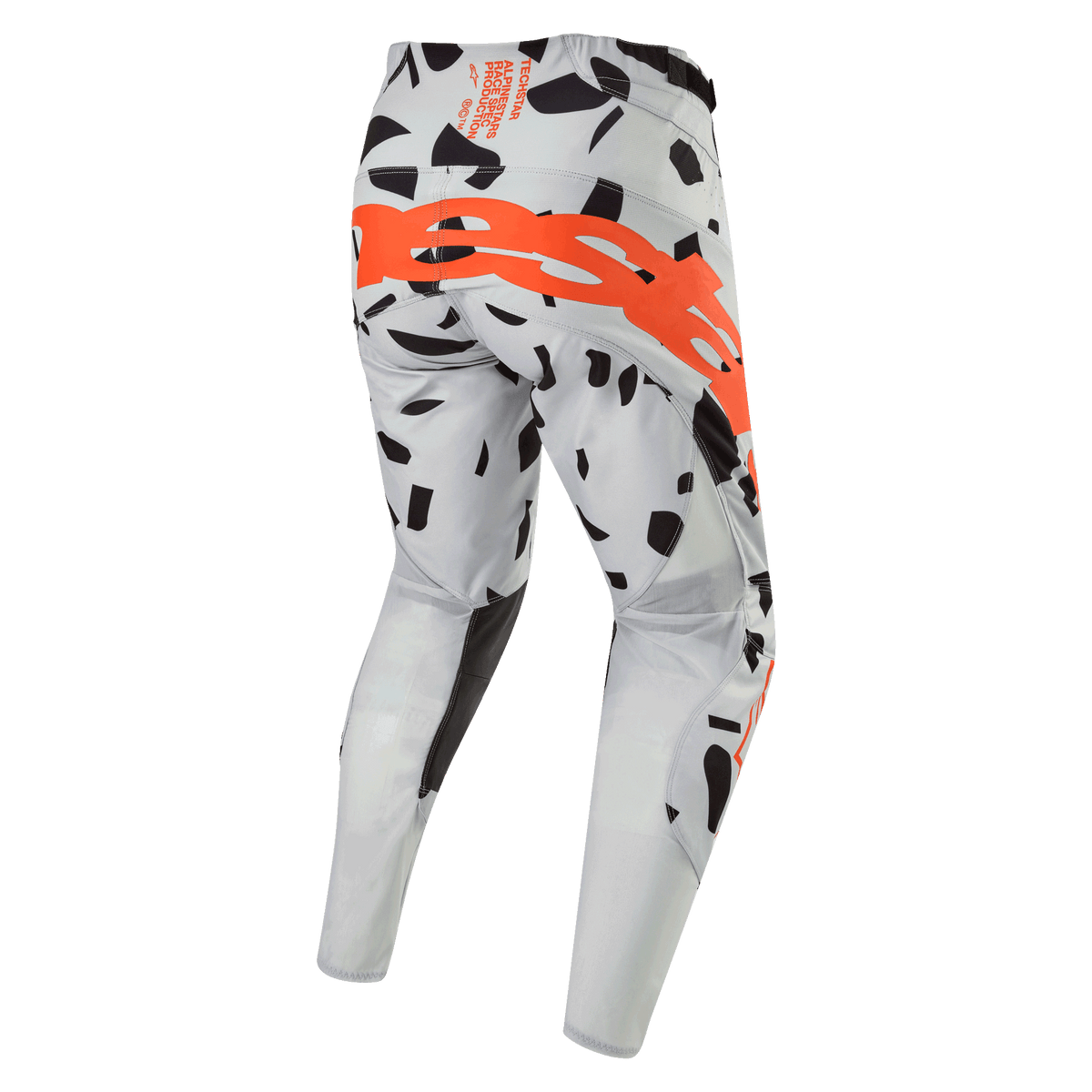 Alpinestars 2024 Techstar Rantera Pants, Motocross Pants, Haze Gray Camo, Rear view showing large orange logo across the seat, black graphic patterns on gray fabric, athletic design for off-road performance