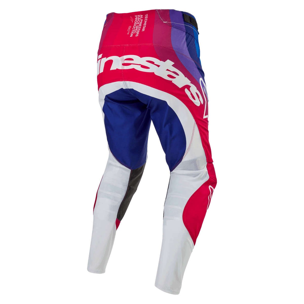 Alpinestars 2024 Techstar Pneuma Pants, calças de motocross, azul, vermelho e branco, vista traseira com grande logótipo Alpinestars branco no assento, painéis azuis e vermelhos com a parte inferior das pernas em branco, design durável para competição de todo-o-terreno