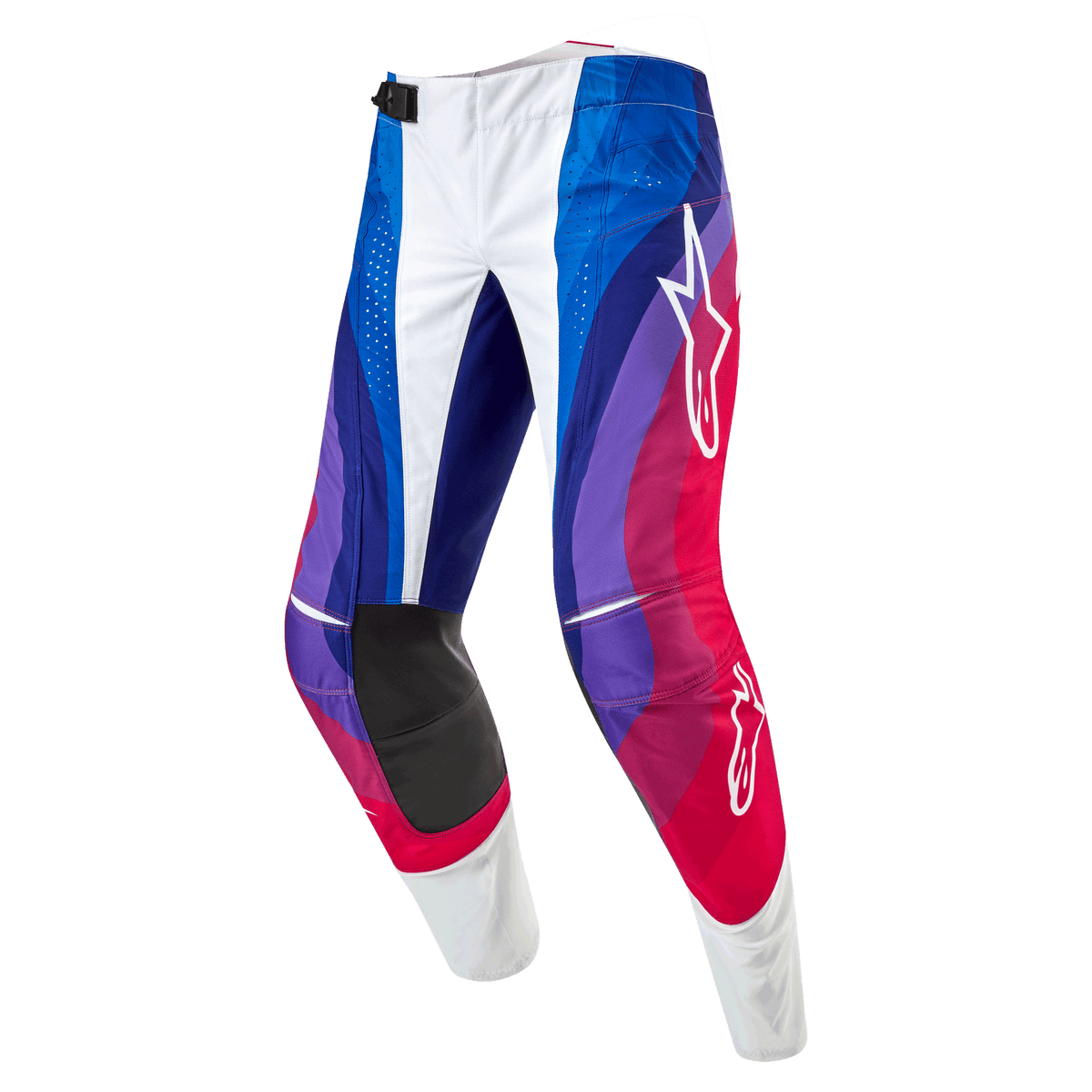 Alpinestars 2024 Techstar Pneuma Pants, calças de motocross, Blu Mars Red White, com um padrão de ondas dinâmicas em tons de azul, roxo e vermelho, logótipos Alpinestars brancos e painéis interiores dos joelhos em preto durável