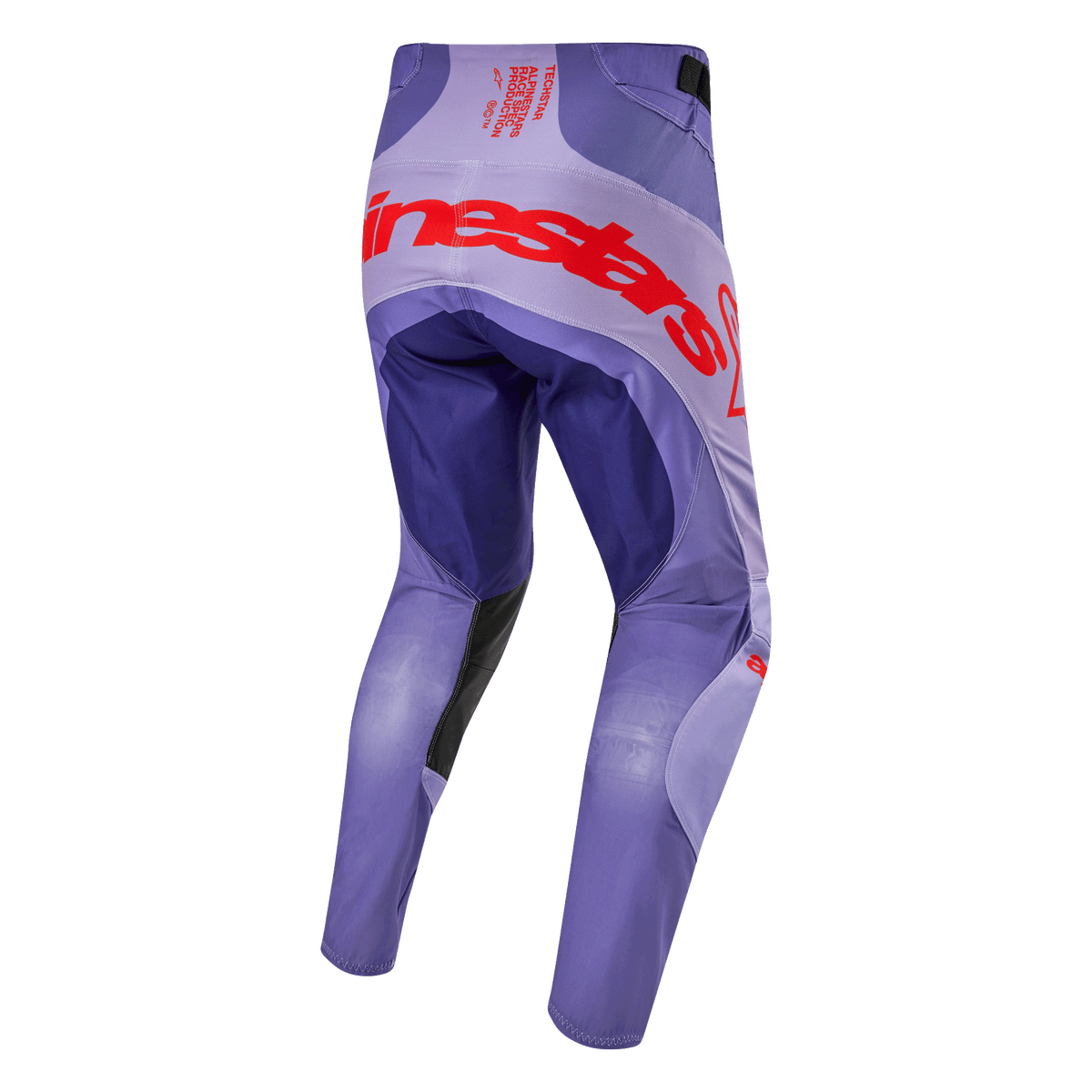 Alpinestars 2024 Techstar Ocuri Pants, calças de motocross roxas e laranja vibrante, vista traseira com logótipo Alpinestars em destaque, material elástico e resistente para competição todo-o-terreno