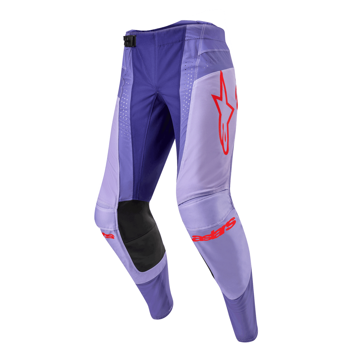 Alpinestars 2024 Techstar Ocuri Pants, calças de motocross em roxo e lavanda com detalhes em laranja vibrante, logótipo da estrela na coxa, reforços pretos no interior dos joelhos e design técnico ergonómico.