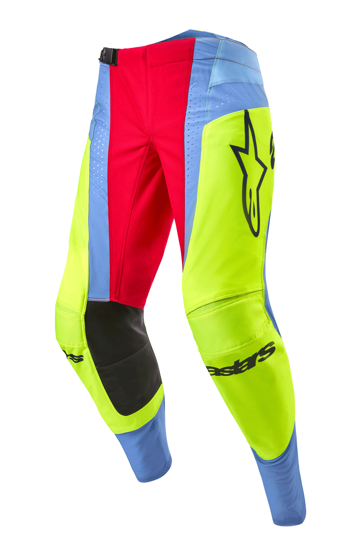 Alpinestars 2024 Techstar Ocuri Pants, calças de motocross, azul claro, amarelo néon e vermelho, com painéis pretos no interior dos joelhos, logótipo Alpinestars em destaque e painéis coloridos vibrantes para corridas todo-o-terreno