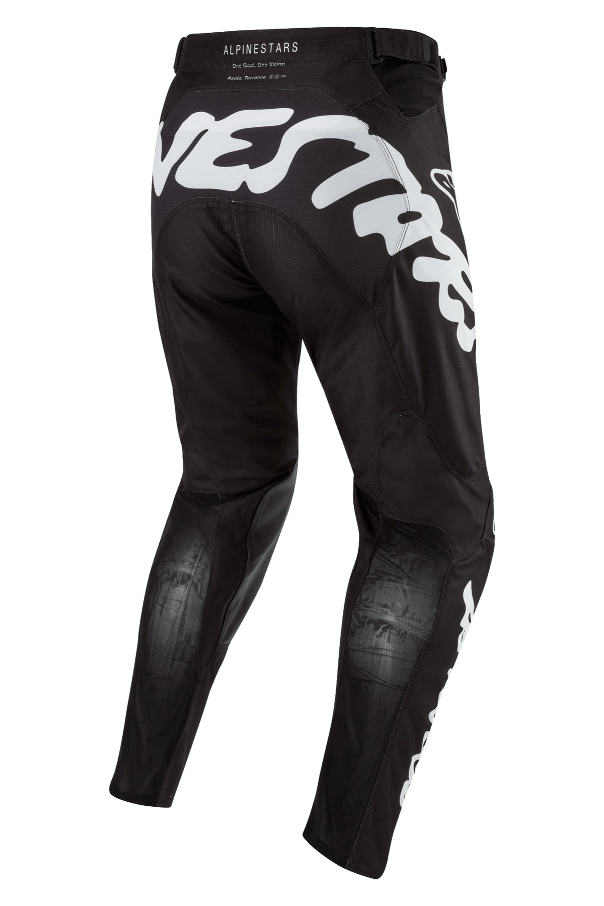 Alpinestars 2024 Racer Hana Pants, calças de motocross pretas com detalhes em branco, grande marca Alpinestars na parte traseira, painéis de malha Stretchnet respiráveis na zona posterior das pernas, equipamento técnico para pilotagem off-road