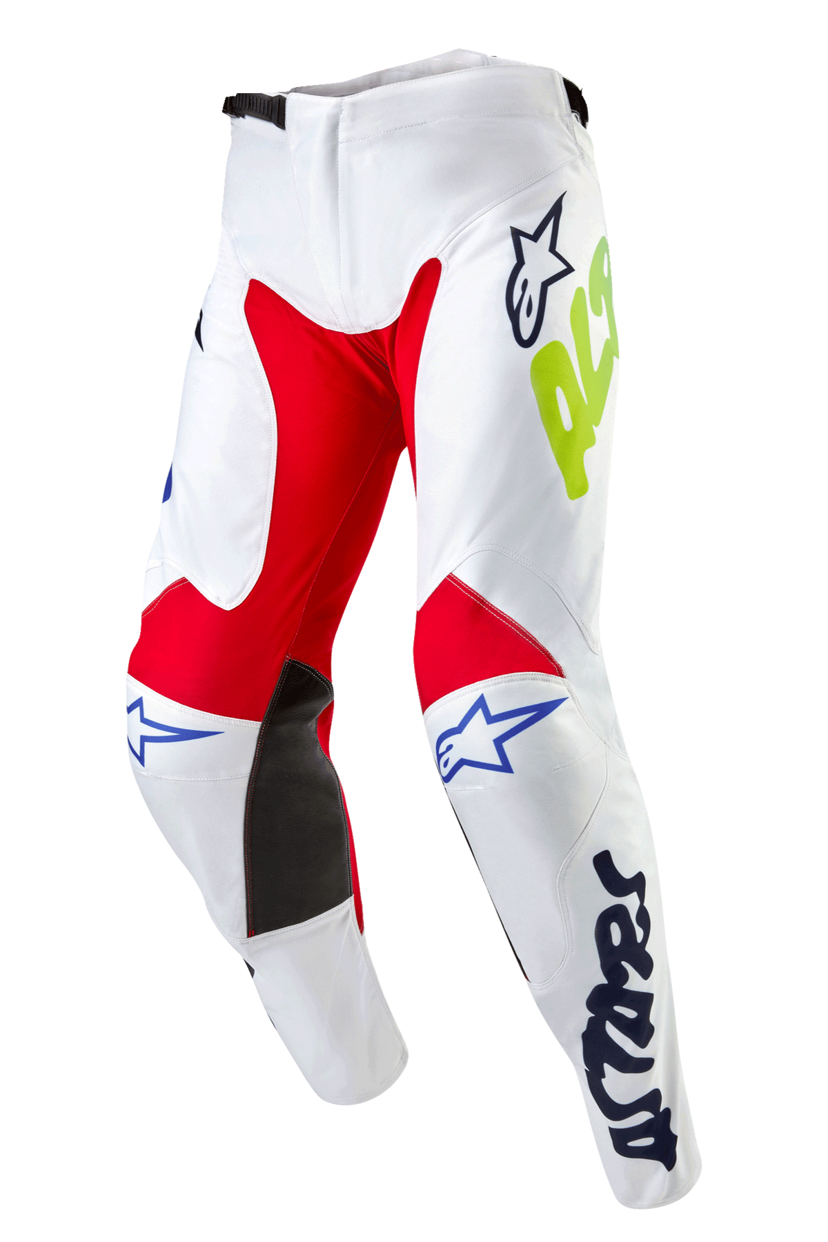 Alpinestars 2024 Racer Hana Pants, calças de motocross, brancas multicolor com painéis internos nos joelhos em vermelho e preto, logótipos Astars azuis e detalhes em amarelo néon, design pré-curvado com fecho de catraca, equipamento têxtil durável para off-road