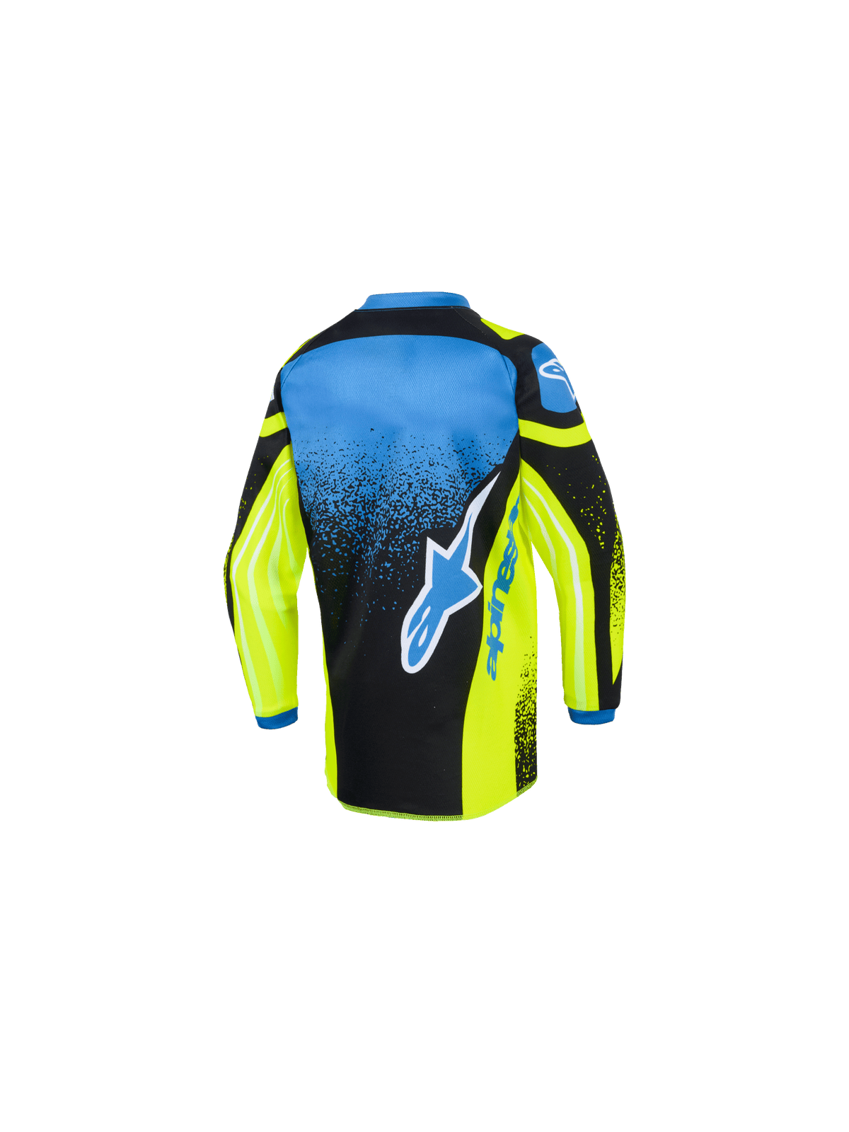 Alpinestars 2026 Kids Racer Nomur Jersey, camisola de motocross, amarela, azul e preta, vista traseira com grande logótipo de estrela azul e branco, padrão salpicado em degradê e bainha traseira alongada para corridas todo-o-terreno