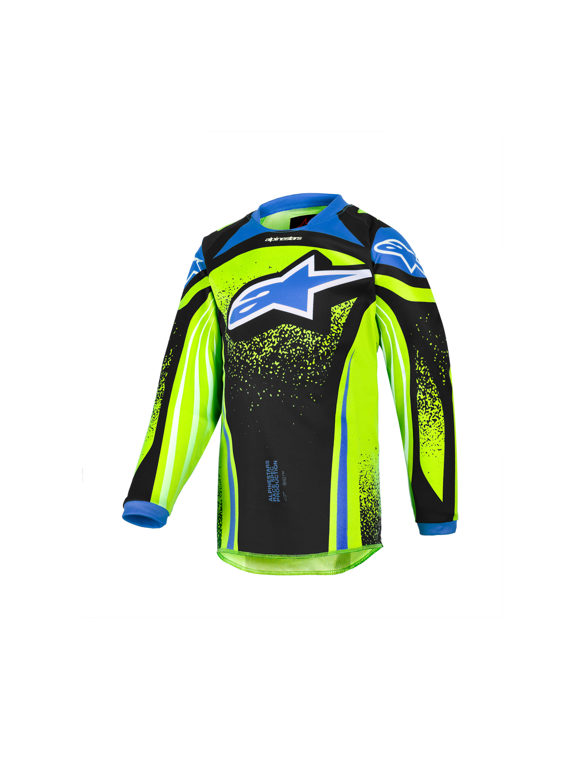 Alpinestars 2026 Kids Racer Nomur Jersey, camisola de motocross de manga comprida para criança, amarelo fluorescente e preto com detalhes em azul, logótipo de estrela azul grande no peito, tecido leve de alto desempenho com absorção de humidade para condução fora de estrada