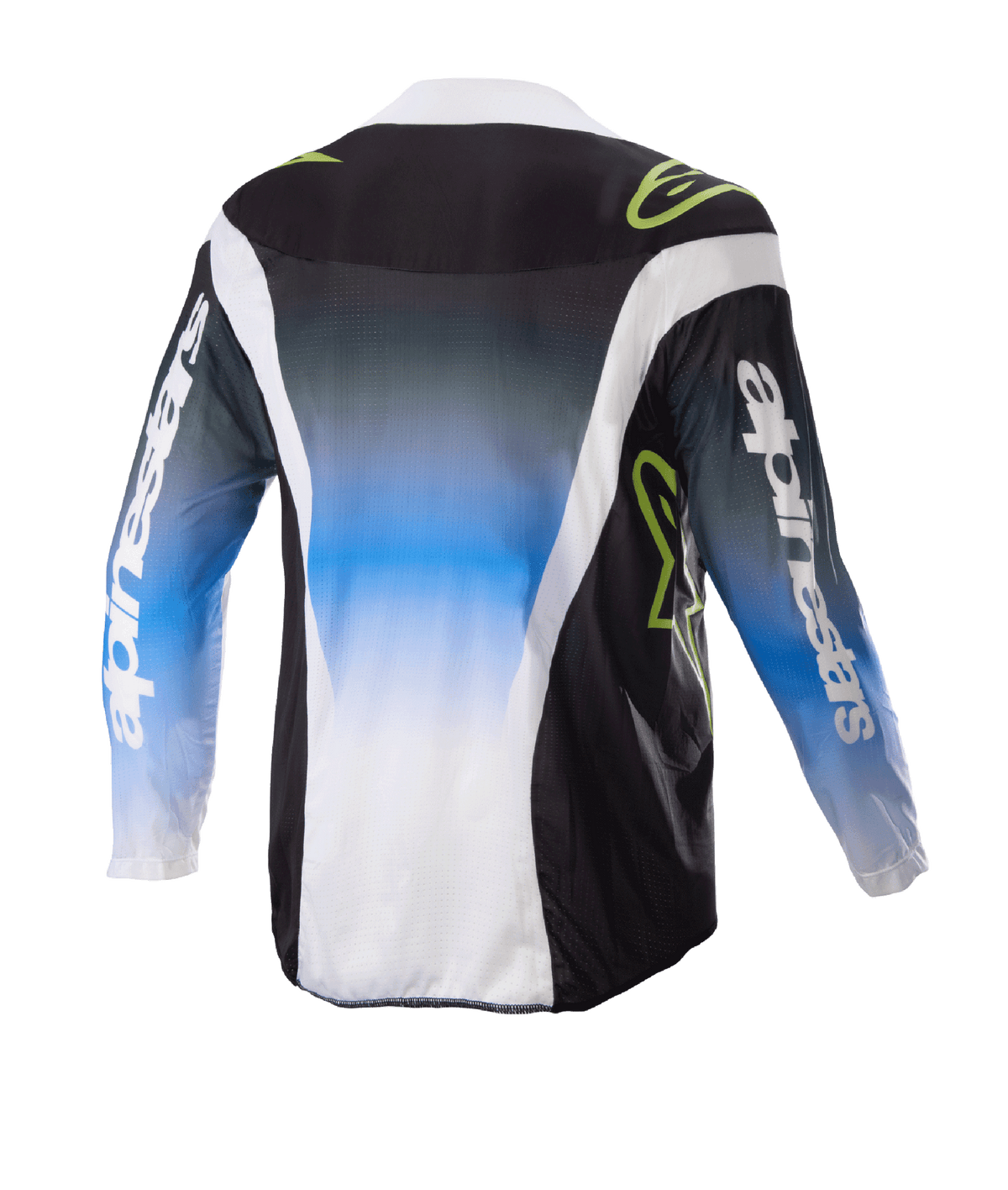 Alpinestars Camisola Racer Push Criança 2023, camisola de motocross, Nightlife UCLA Azul, Branco e Preto, vista traseira exibindo um centro com gradiente de azul para branco, logótipos verde lima e detalhes laterais brancos, vestuário de condução todo-o-terreno de manga comprida