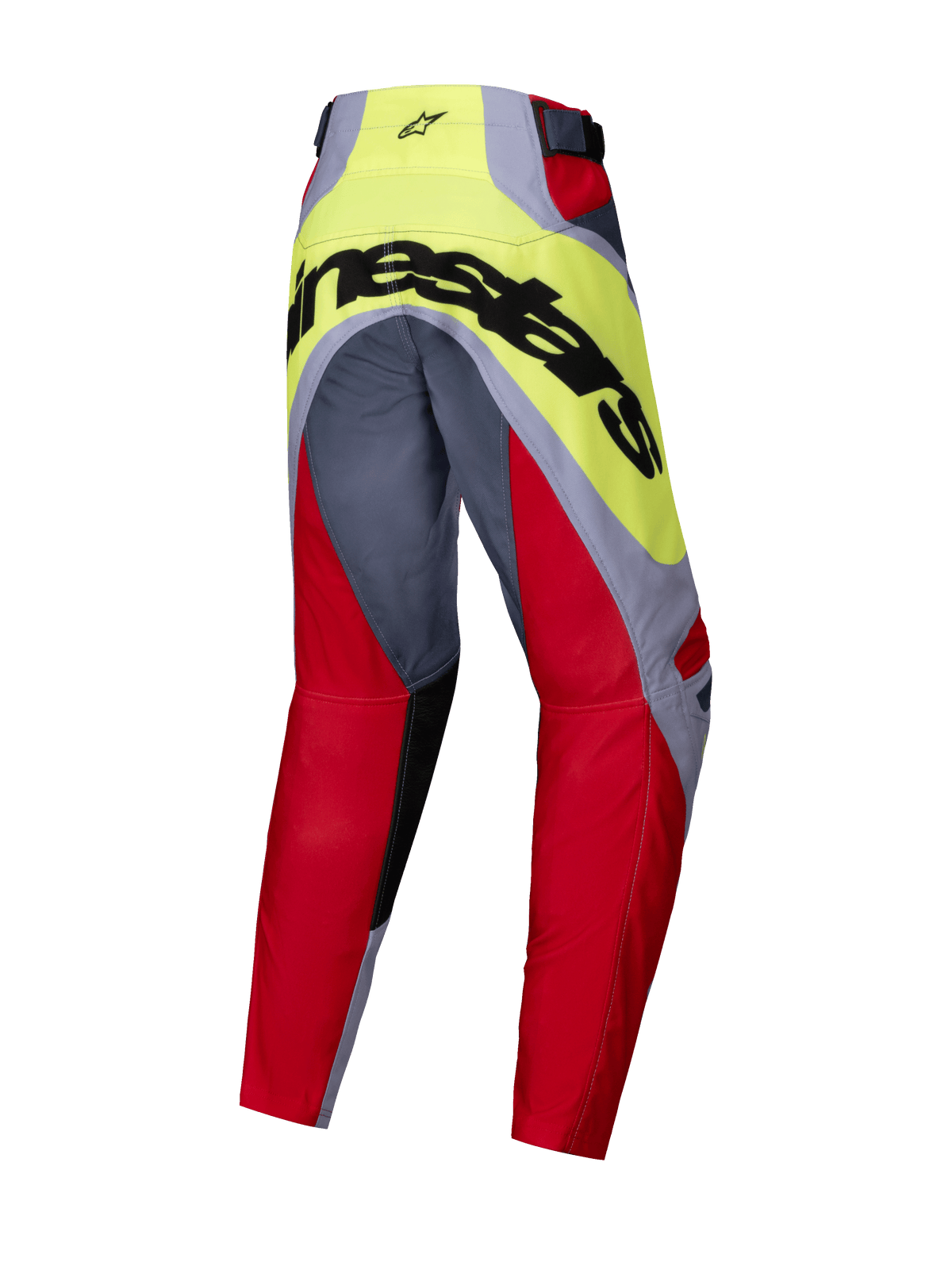 Alpinestars 2025 Youth Racer Melt Pants, calças de motocross para jovens, vermelho brilhante e cinzento com amarelo néon, vista traseira com grande marca Alpinestars preta no assento, design pré-curvado para performance em todo-o-terreno