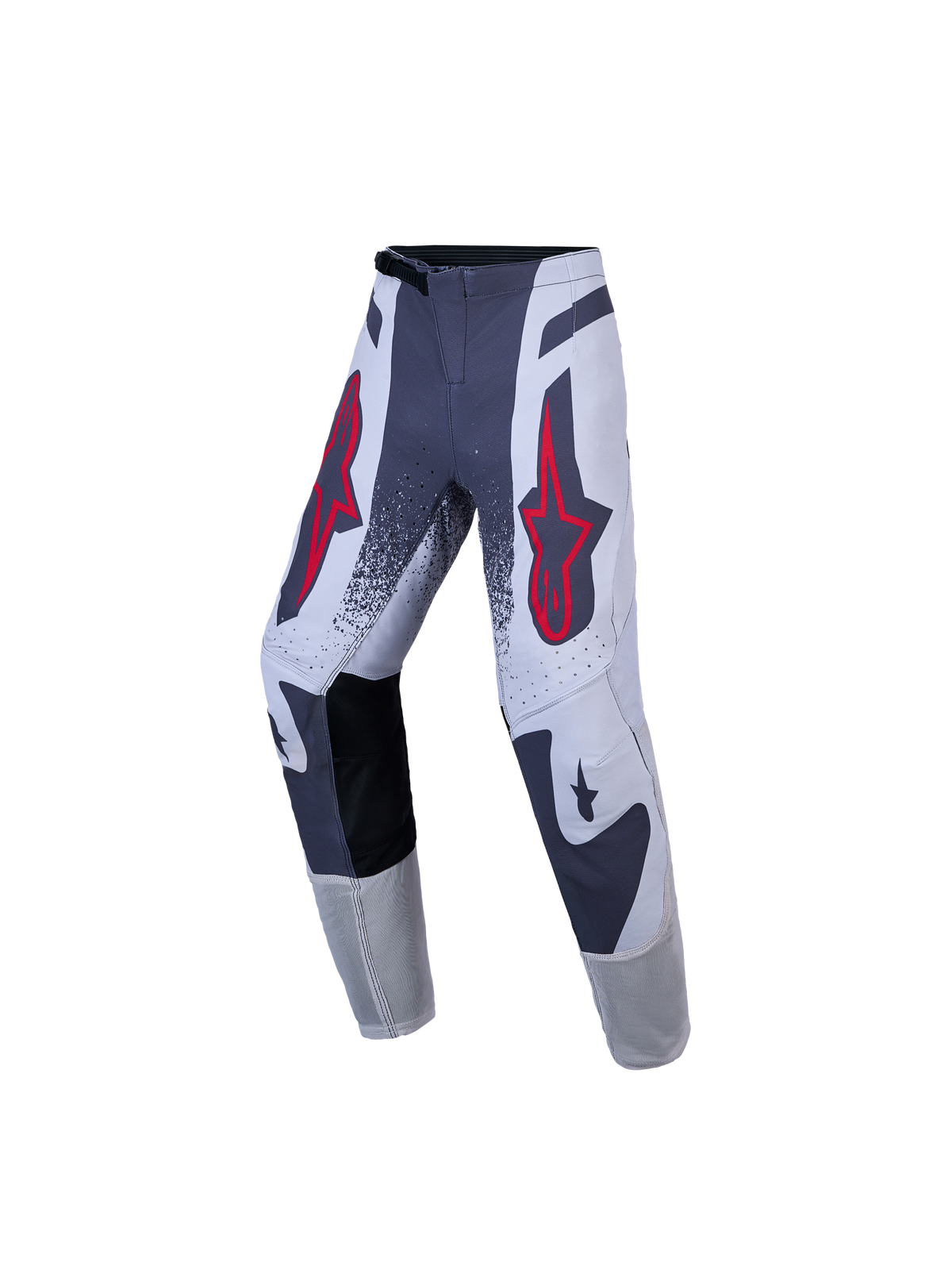Alpinestars Youth Supertech Swan, calças de motocross para juventude, cinzentas e brancas com logótipos de estrela vermelhos, tecido rip-stop elástico