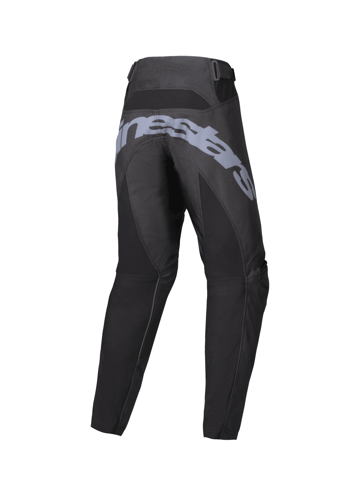 Alpinestars 2025 Youth Racer Graphite Pants, calças de motocross para jovens, pretas e cinzentas, vista traseira com marca cinzenta grande no assento, construção ergonómica pré-curvada e tiras de ajuste na cintura para condução todo-o-terreno