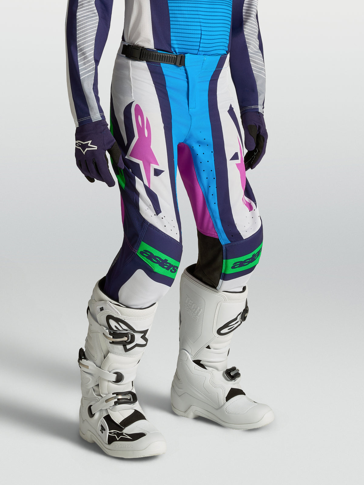 Alpinestars Youth Supertech Maven Pants, white and blue motocross racing pants with purple accents and athletic fit.