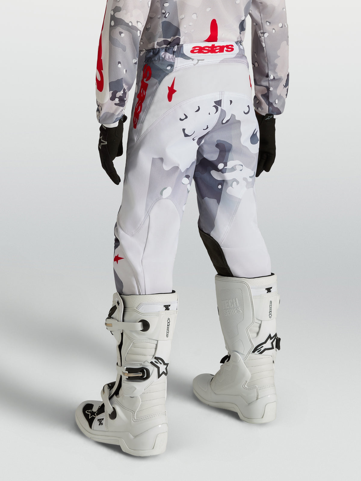 Alpinestars Youth Fluid Lone Pants, gray camo and fire red motocross gear with durable polyfabric and ergonomic fit.