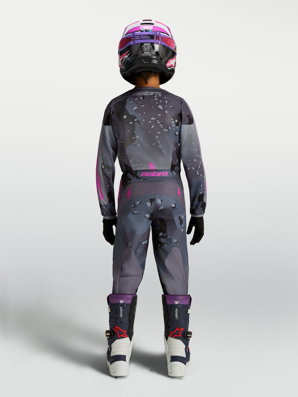 Alpinestars 2027 Youth Fluid Lone Gear Set, gray and pink motocross outfit for youth, featuring technical camo graphics.