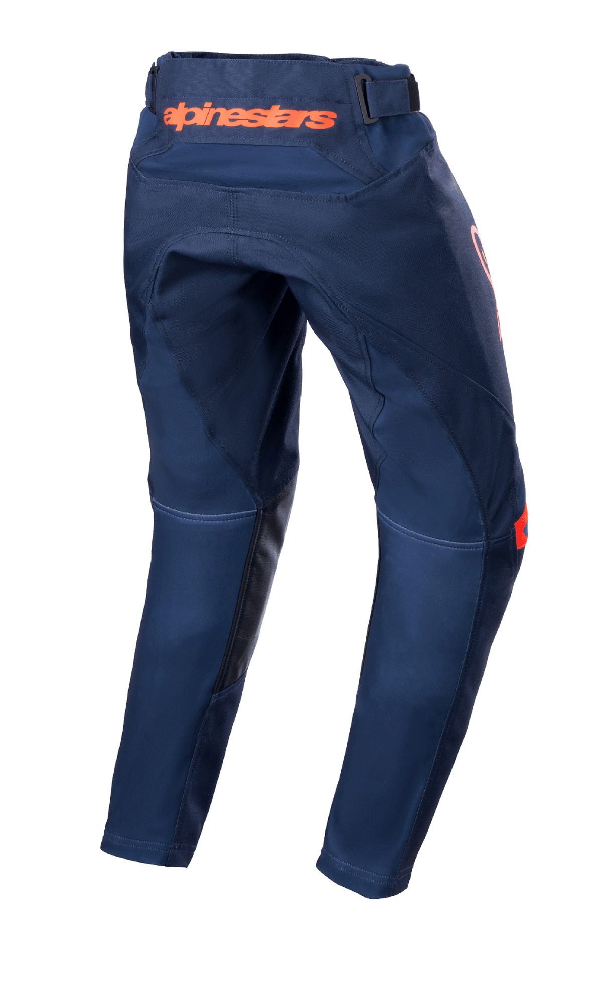 Calças Alpinestars Youth 2023 Racer Narin, calças de motocross, azul marinho e laranja vibrante, vista traseira mostrando a marca Alpinestars em laranja na cintura e reforços em couro preto no interior das pernas, design têxtil resistente para condução todo-o-terreno
