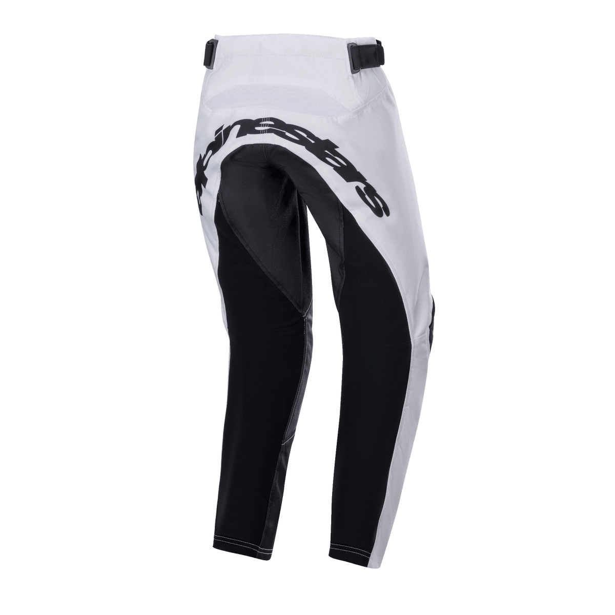 Alpinestars 2024 Youth Racer Lucent Pants, Motocross Pants, White and Black, rear view showing large black reinforced panels on the seat and inner legs, Alpinestars wordmark across the back, and adjustable waist straps for off-road riding.