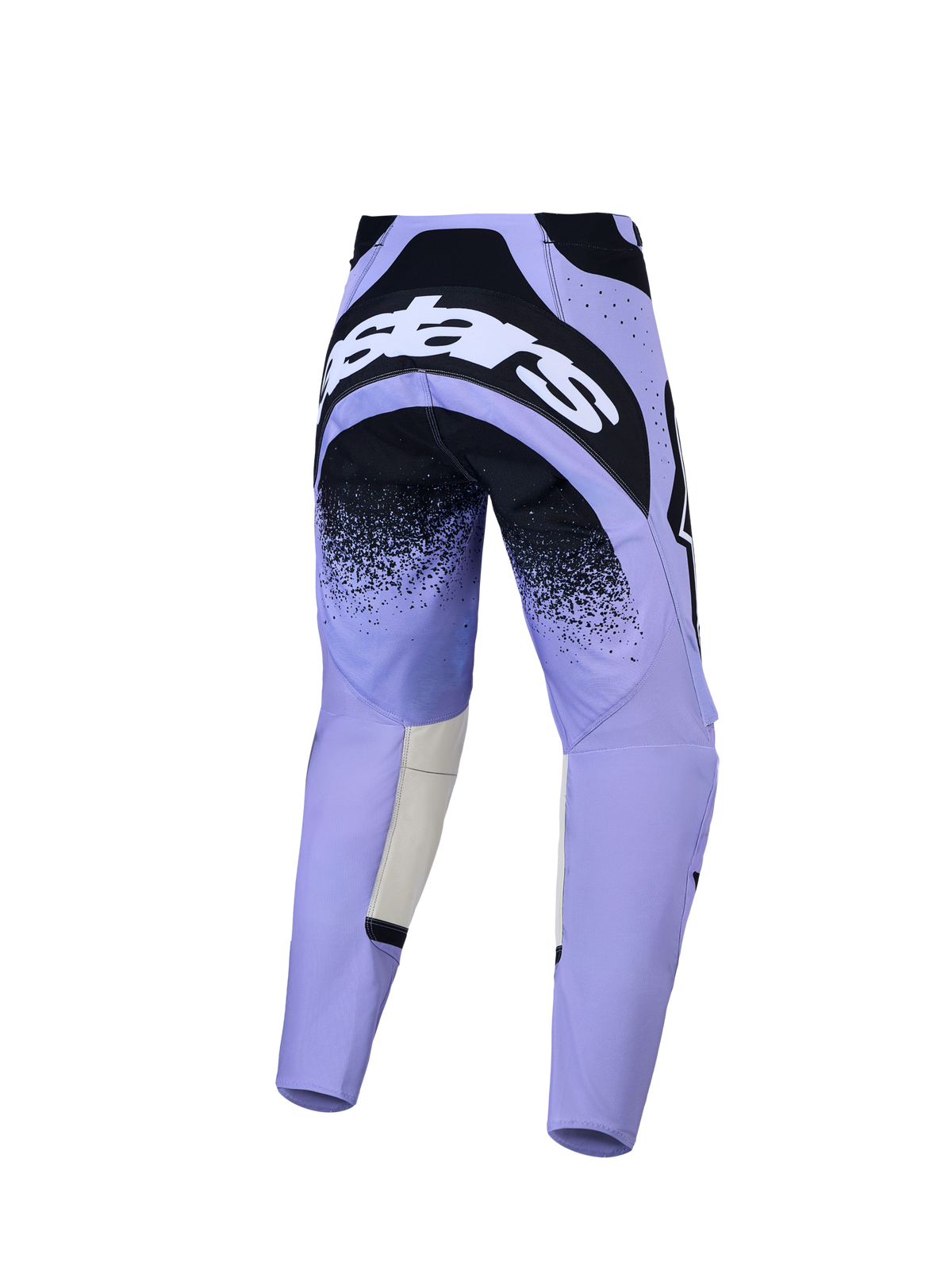 Alpinestars Stella Techstar Swan, calças de motocross para mulher, roxo claro e preto, vista traseira com assento reforçado.
