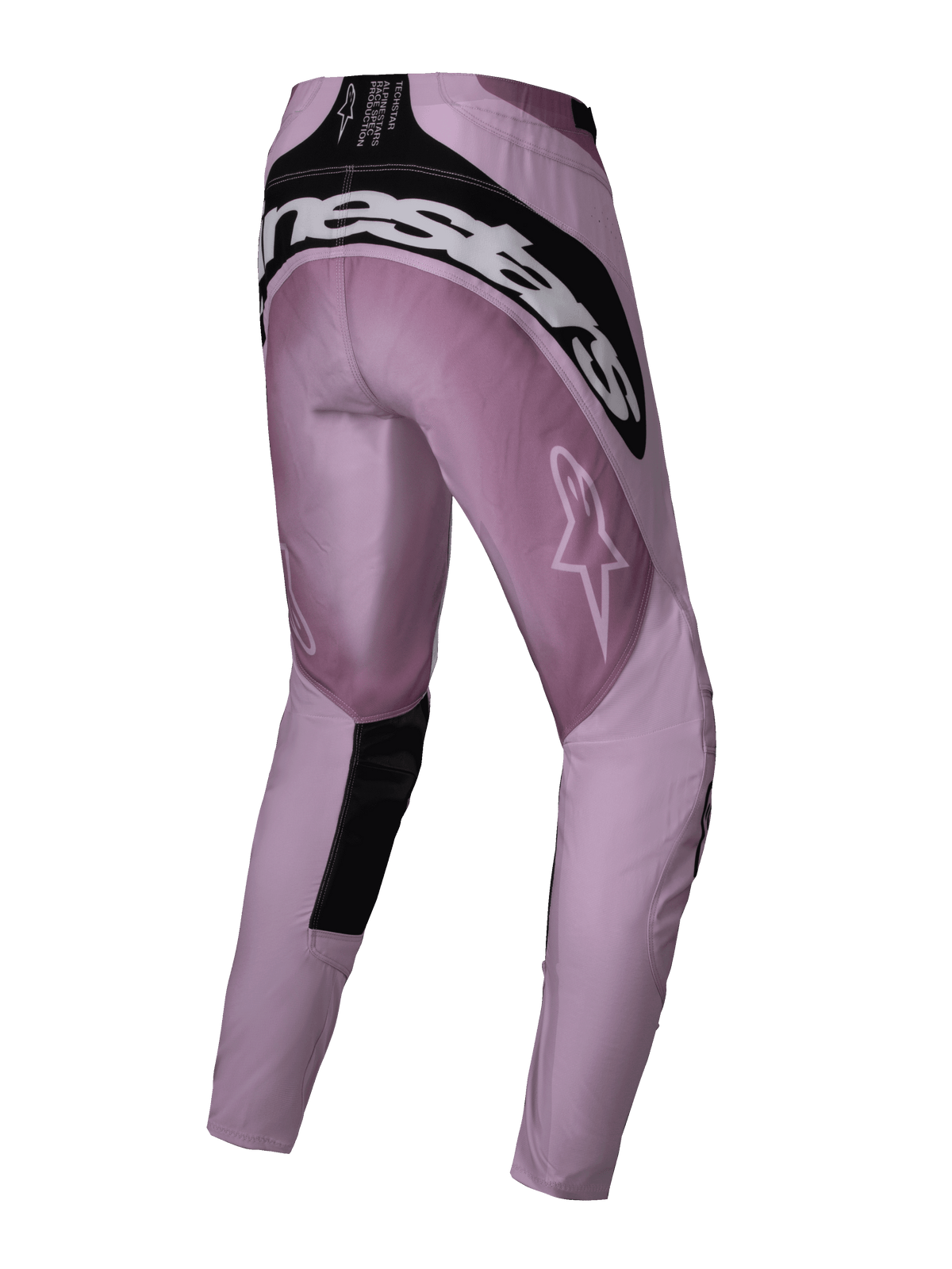 Alpinestars 2025 Stella Techstar Melt Pants, calças de motocross femininas, Blush Black, vista traseira com logótipo Alpinestars branco no assento, painéis reforçados pretos e logótipo de estrela na coxa, concebidas para desempenho em todo-o-terreno